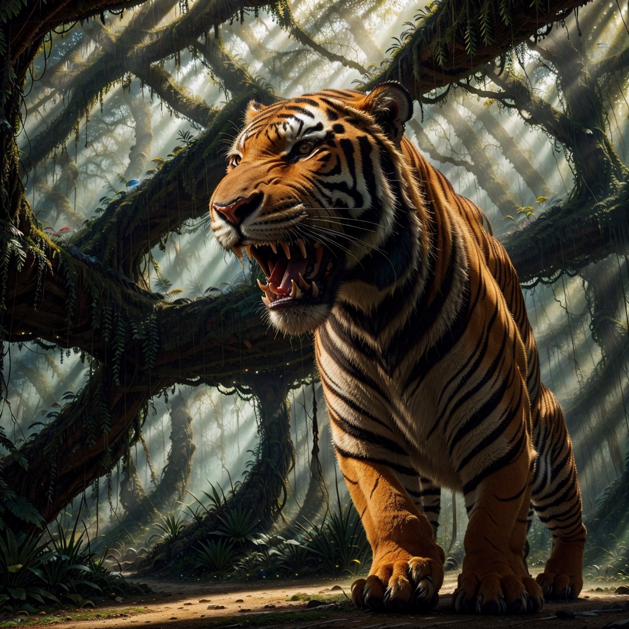 (best quality,4k,8k,highres,masterpiece:1.2),ultra-detailed,(realistic,photorealistic,photo-realistic:1.37),saber-toothed tiger with vibrant fur,sharp canines,strikingly detailed eyes,thick tufts of fur around the neck,ferociously detailed facial features,exquisite muscle definition,strong and powerful body,impeccable sense of realism and authenticity,surrealistic landscape backdrop featuring a prehistoric forest with ancient trees and lush vegetation,mesmerizing play of sunlight and shadows,powerful and dramatic lighting,brilliantly colored with vibrant hues and rich tones,enhanced with HDR to bring out every intricate detail,toothed tiger appears like a majestic predator frozen in time and space,portrays the essence of ancient and mystical wilderness,evoke a sense of awe and fear,creates a breathtaking and awe-inspiring masterpiece.