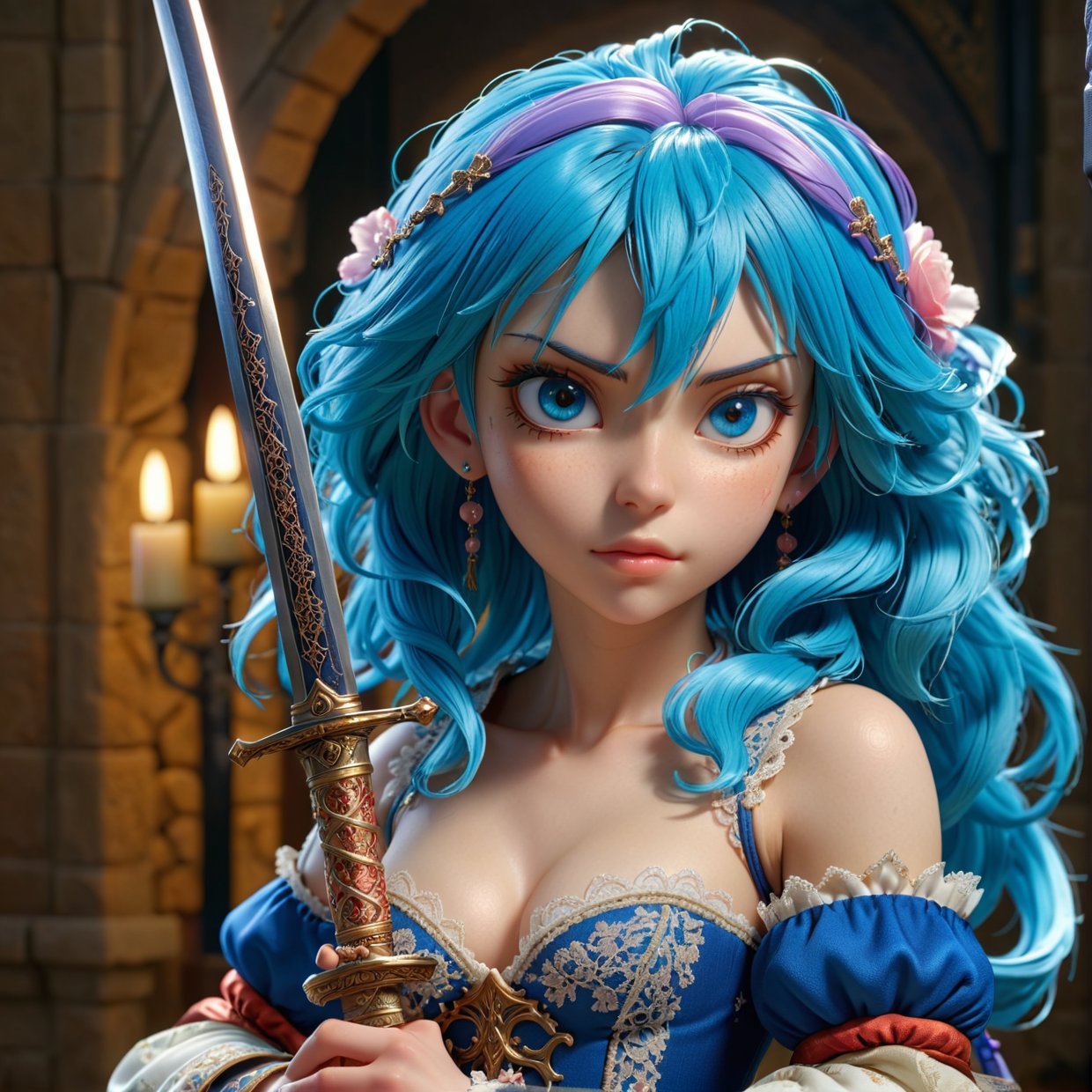 ultra detailed complex 3D rendering of a beautiful anime character, beautiful soft studio light, rim light, vibrant details,luxurious, lace, hyper-realistic, blue hair, showing intimate parts with ultra realism medieval world, holding a sword