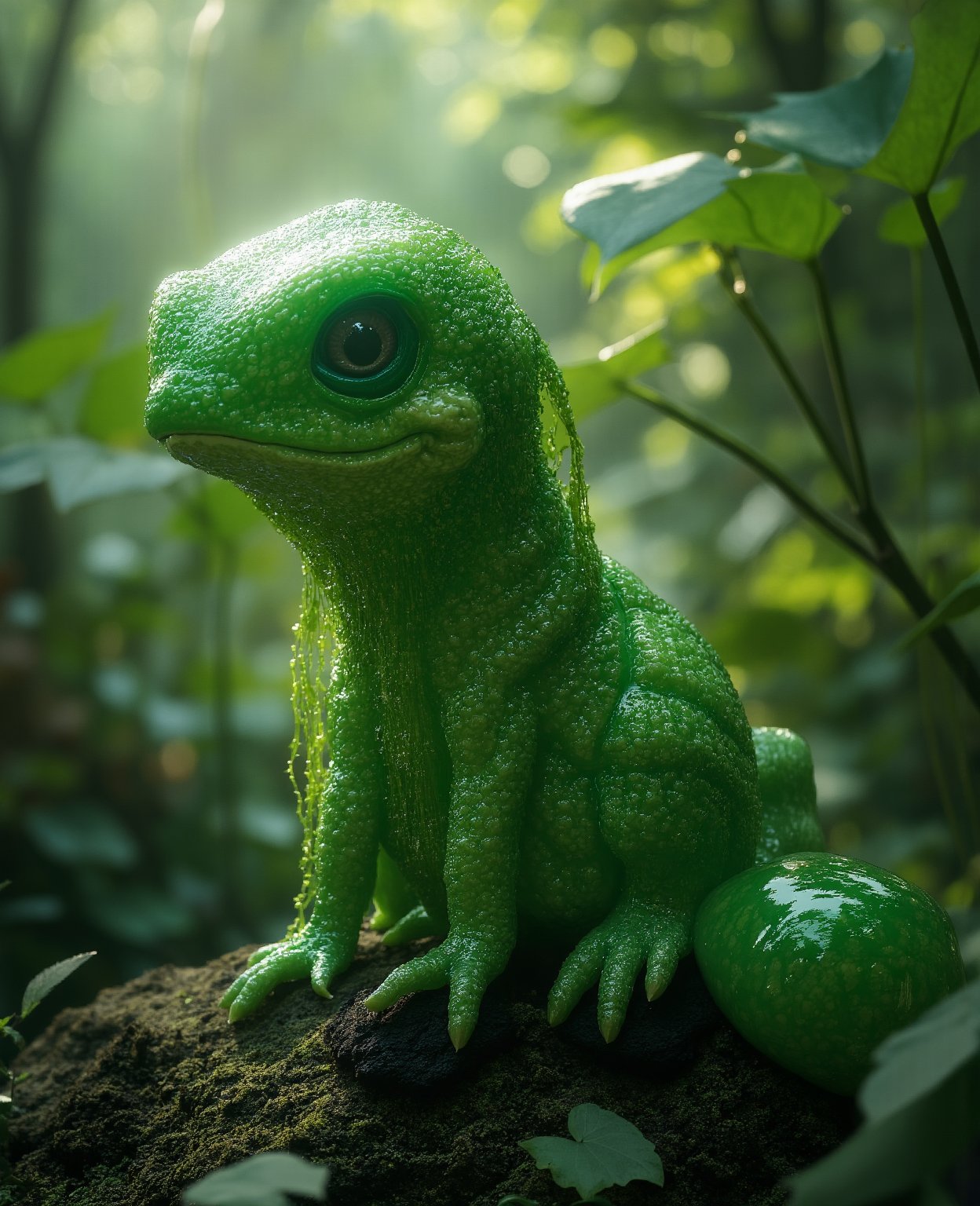 A slimy, oozing creature, green in color, with a translucent, amorphous body, sitting on a rock in a lush, verdant forest setting, with sunlight filtering through the leaves, creating a magical, otherworldly atmosphere, highly detailed, 8k, photorealistic, intricate textures, glowing highlights, dynamic lighting