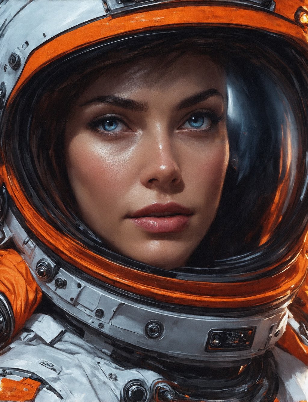 woman 25 years beautiful astronaut 1950 , deep blue eyes, clothes in orange color details in metallic white, cinematic, photo shoot, half backlight, backlight, dramatic lighting , Incandescent, Soft lighting, insanely detailed and intricate, hyper maximalist, arte no estilo de guweiz, elegant pose, dynamic, photography, volumetric , ultra detailed, intricate detail, super detailed obra-prima de guweiz, futuristic environment