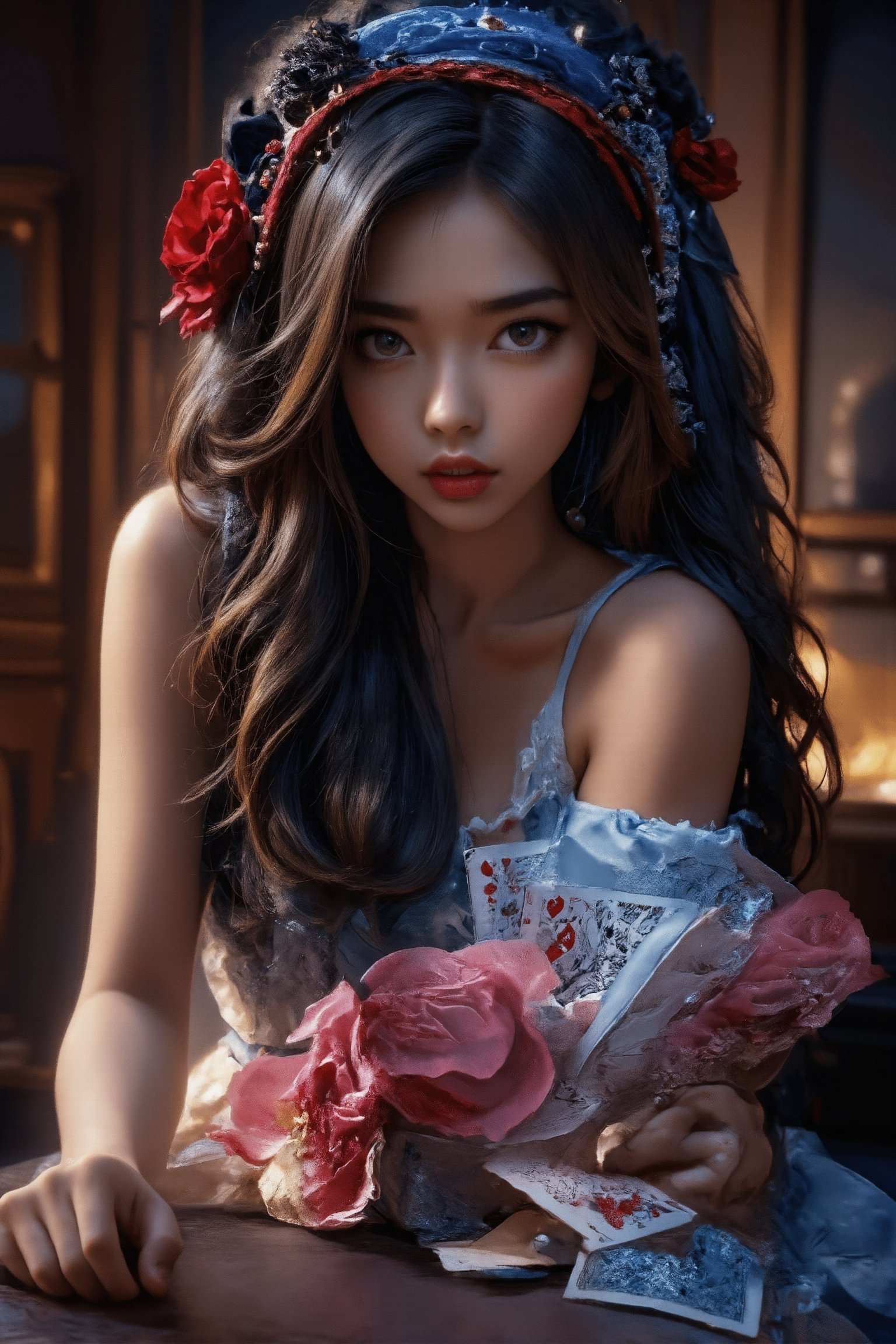 a card game, 1girl, beautiful detailed eyes, beautiful detailed lips, extremely detailed face and hands, elegant pose, playing cards, fantasy environment, mystical atmosphere, warm lighting, rich colors, intricate details, (best quality,4k,8k,highres,masterpiece:1.2),ultra-detailed,(realistic,photorealistic,photo-realistic:1.37),cinematic composition,dramatic lighting,vibrant colors,highly detailed