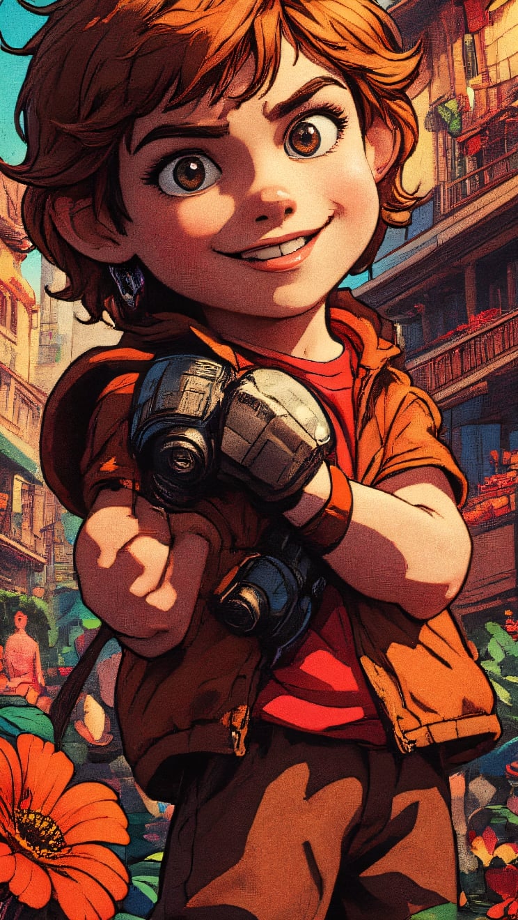 a cartoon boy with a cute chucky-like character, highly detailed, beautiful ghibli style, 8k, photorealistic, studio lighting, warm color palette, detailed facial features, expressive eyes, adorable smile, cute and whimsical expression, mischievous pose, playful atmosphere, complex background with natural elements, vibrant colors, soft lighting, fantasy elements