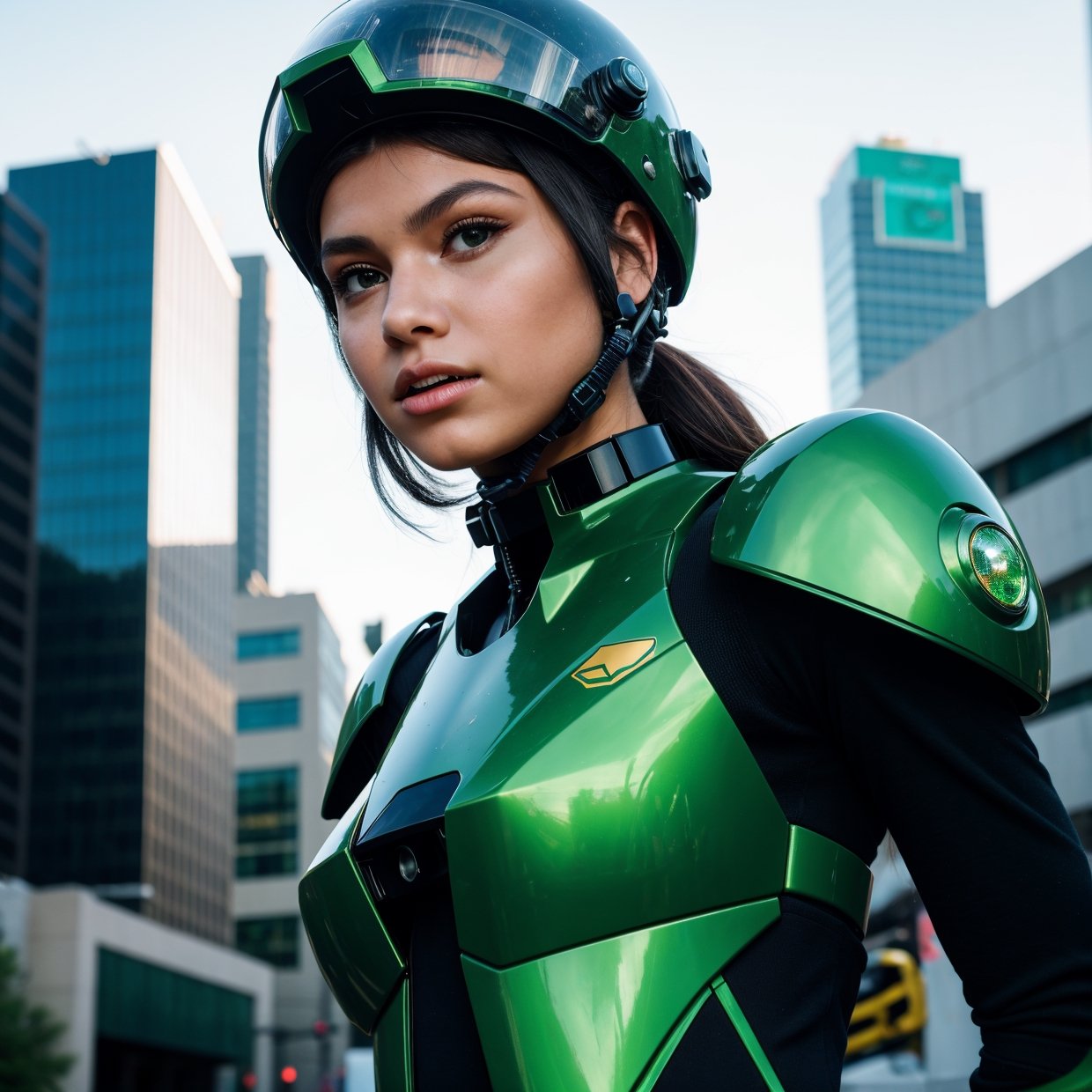 Highest image quality, outstanding details, ultra-high resolution, (realism: 1.4), the best illustration, favor details, highly condensed 1girl, with a delicate and beautiful face, dressed in a black and green mecha, wearing a mecha helmet, holding a directional controller, riding on a motorcycle, the background is a high-tech lighting scene of the future city.