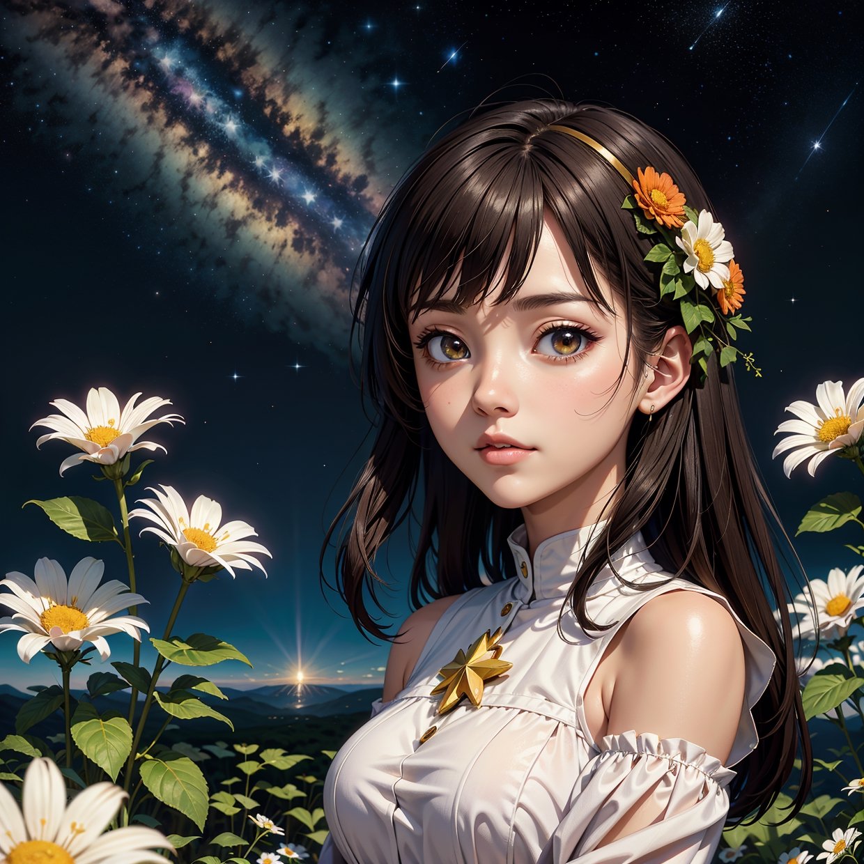 Close-up shot, an Anime wearing a white glass , standing on the land,night view ,Many stars on the night sky,The Milky Way ,colorful flowers,headshot close-up, oil painting style, very obvious oil painting strokes, impressionist palette style, 32k uhd, beautiful, booru, Old time, color cartoon --ar 3:4