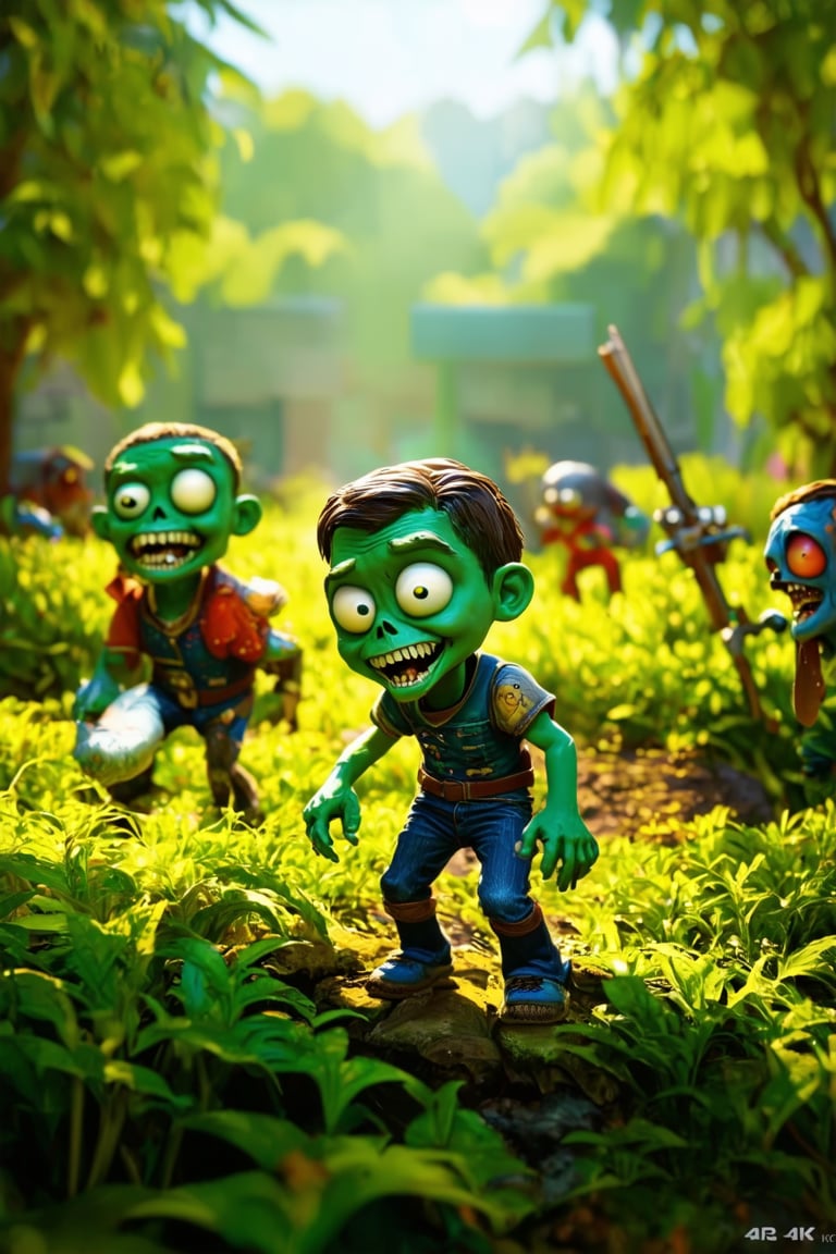 a lush garden, cute cartoon zombies, a battle scene, vibrant colors, 3d rendering, volumetric lighting, dynamic composition, highly detailed, intricate background, playful and whimsical atmosphere, (best quality,4k,8k,highres,masterpiece:1.2),ultra-detailed,(realistic,photorealistic,photo-realistic:1.37),fantasy,concept art