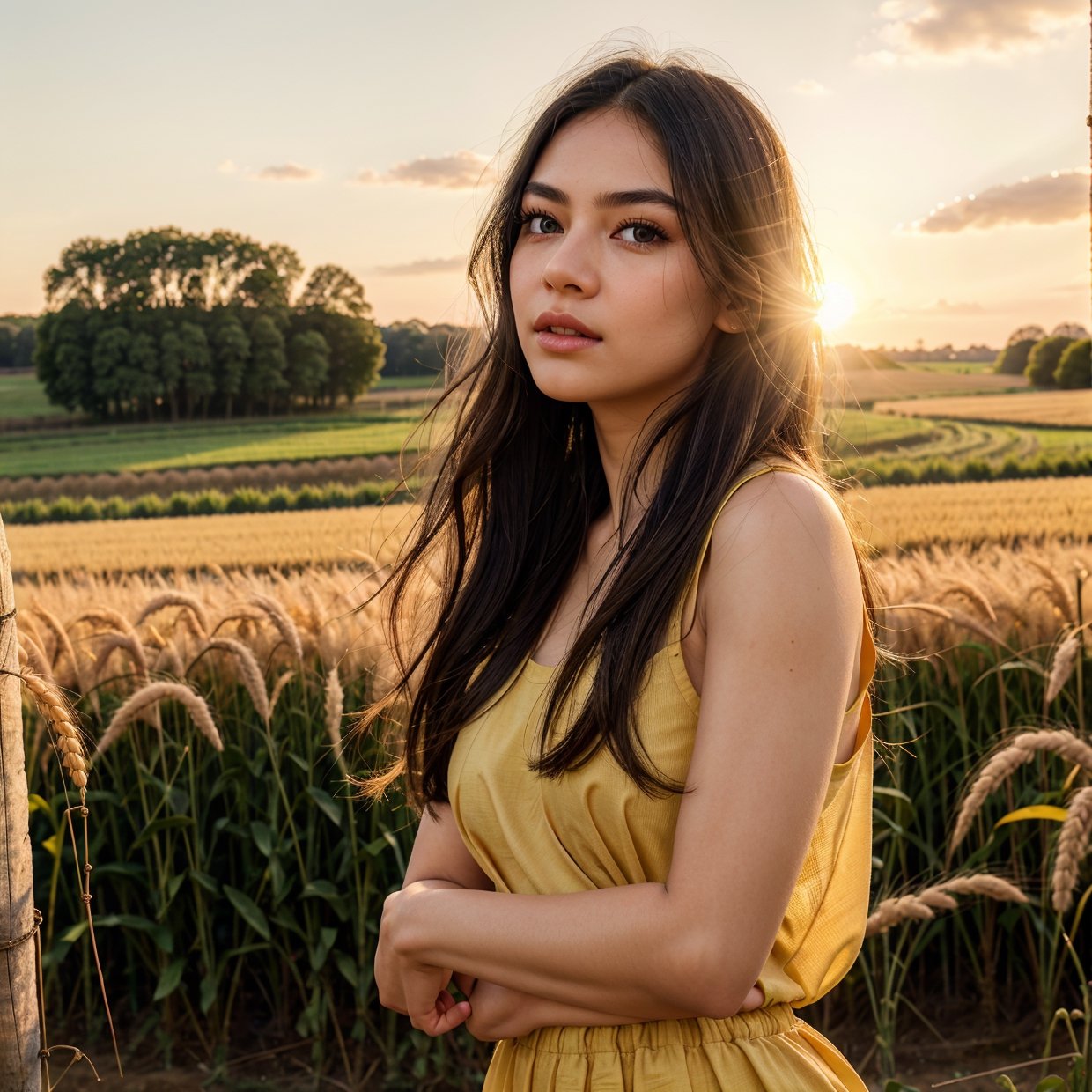 1 girl, beautiful detailed eyes, beautiful detailed lips, extremely detailed eyes and face, long eyelashes, portrait, farm, countryside, wheat field, standing in field, looking away, golden hour, warm lighting, golden sunlight, cinematic, highly detailed, 8k, photorealistic, masterpiece, intricate details, hyper realistic, volumetric lighting, vibrant colors