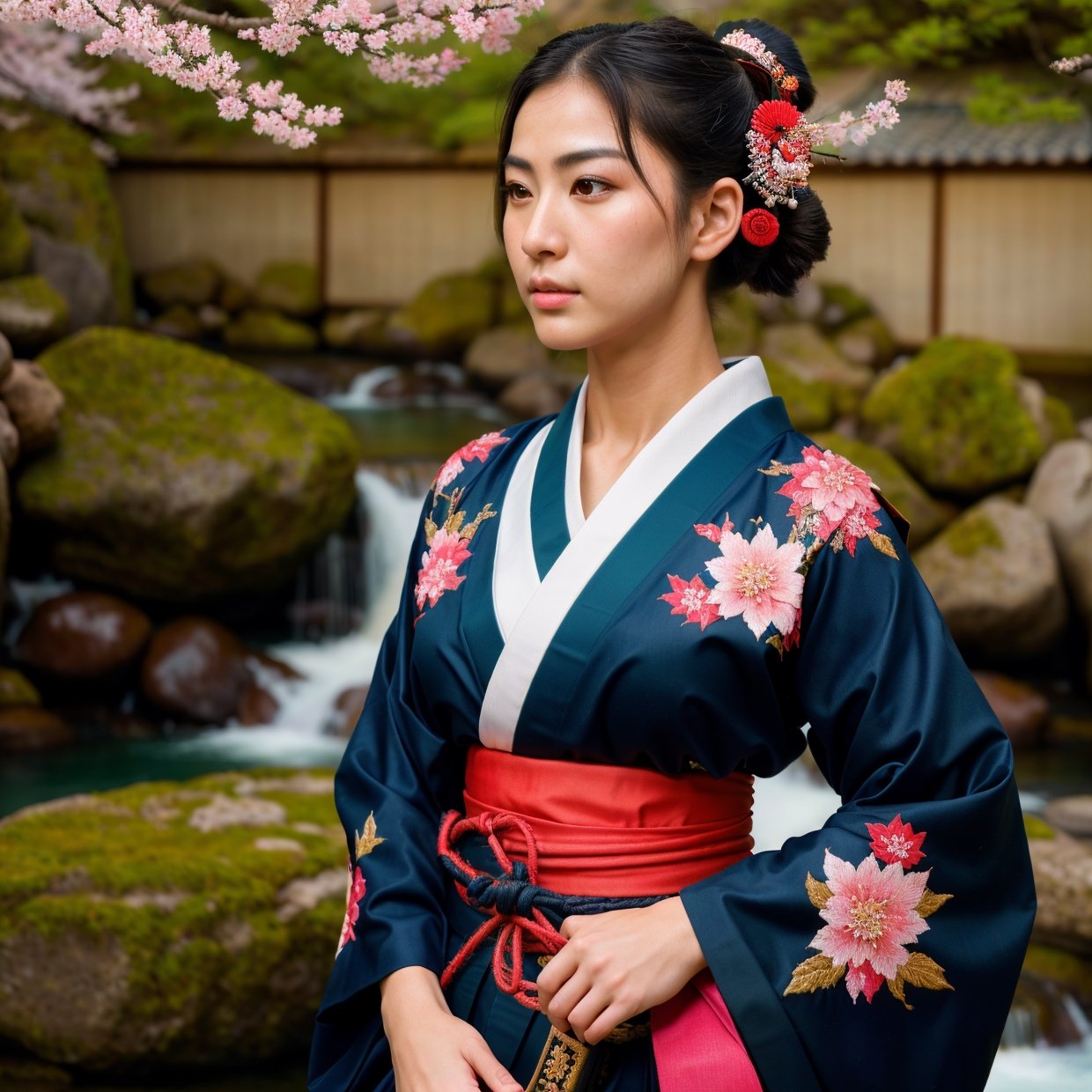 (best quality,4k,8k,highres,masterpiece:1.2),ultra-detailed,(realistic,photorealistic,photo-realistic:1.37),Samurai,traditional Japanese art style,sharp focus,vivid colors,expertly crafted katana,samurai armor,beautifully detailed kimono,sakura blossoms,serene waterfall,majestic mountains,subtle lighting