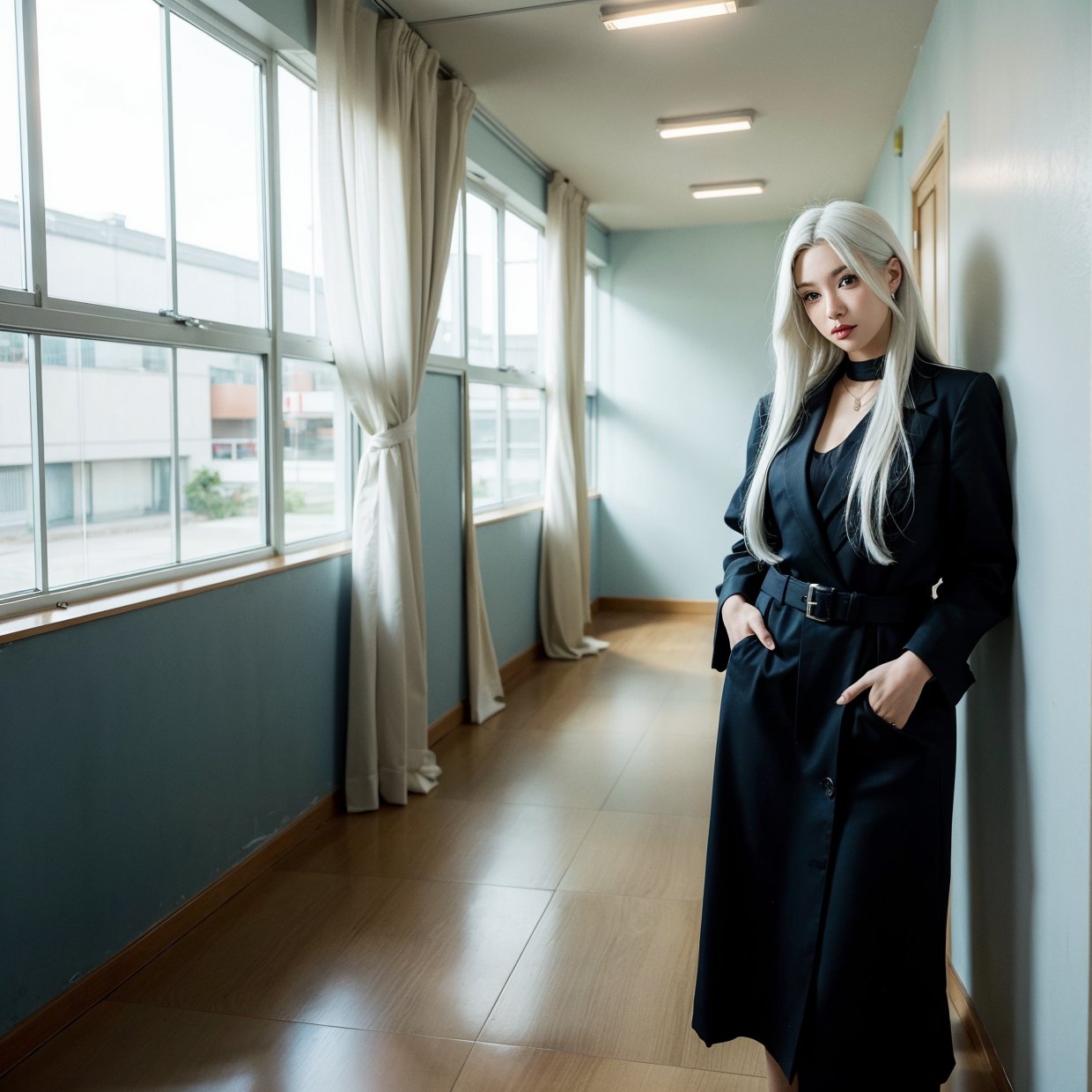 Tall beautiful woman with white hair in a school,1 girl 