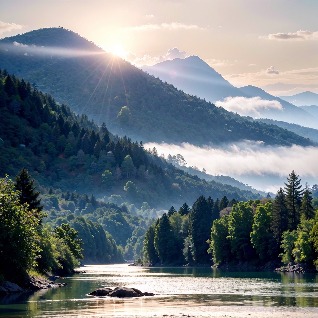 detailed watercolor landscape, beautiful detailed trees, lush green foliage, serene lake, snow-capped mountains in the distance, warm golden sunlight, soft pastel colors, impressionist brushstrokes, atmospheric haze, reflections on the water, detailed rocky shoreline, dense forest in the foreground, (best quality,4k,8k,highres,masterpiece:1.2),ultra-detailed,(realistic,photorealistic,photo-realistic:1.37),landscape painting