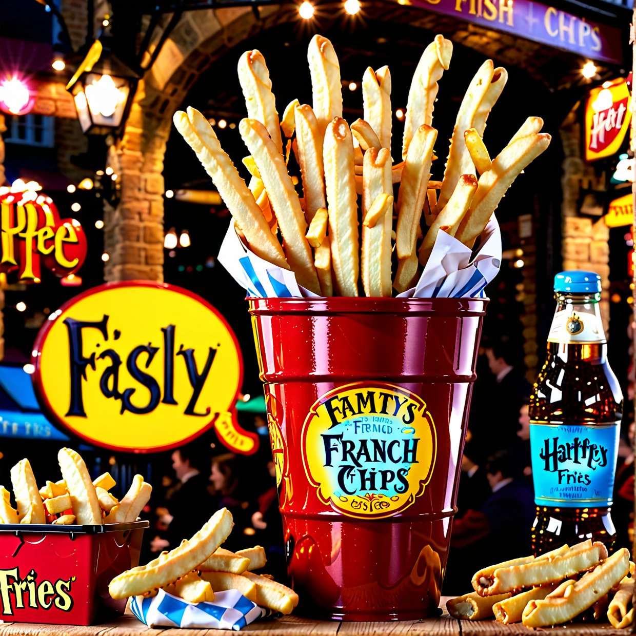 [(transparent background: 1.5)::5],(((masterpiece))),(((best quality))),(((extremely detailed))),illustration, mysterious,vivid color, shiny , (impressionism: 1.4), Pret A Manger, French Fries, Family Barrel, Fish and Chips, (snack bar), (food stand), london, harry potter, Harry Potter, wizarding world, eatery, cuisine, food service, typography, type design, magical style, mystical font,