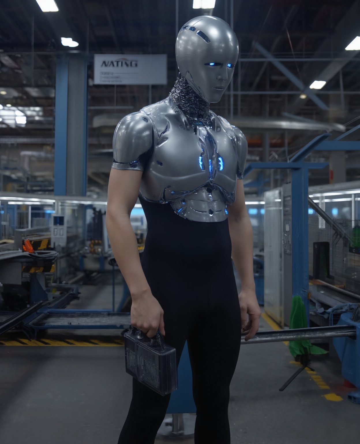 A futuristic robot with a sleek metallic body and glowing blue eyes, standing tall in a dimly lit factory setting. The industrial backdrop features rows of machinery and conveyor belts, with shafts of light illuminating the scene from above. The robot's pose is confident, with one hand resting on its hip and the other holding a small toolbox.