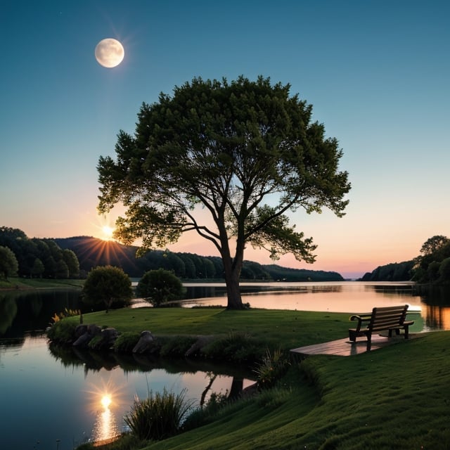 There is a bench in the grass near a lake and a giant tree, cattle grazing near the trees, the moon reflects in the water, full moon in the background, full moon in the background, big moon in the background, big moon in the background!, (moon in the background), moon reflecting in the water, moon in the background, perfect and sharp moon, Moon in the background,girl