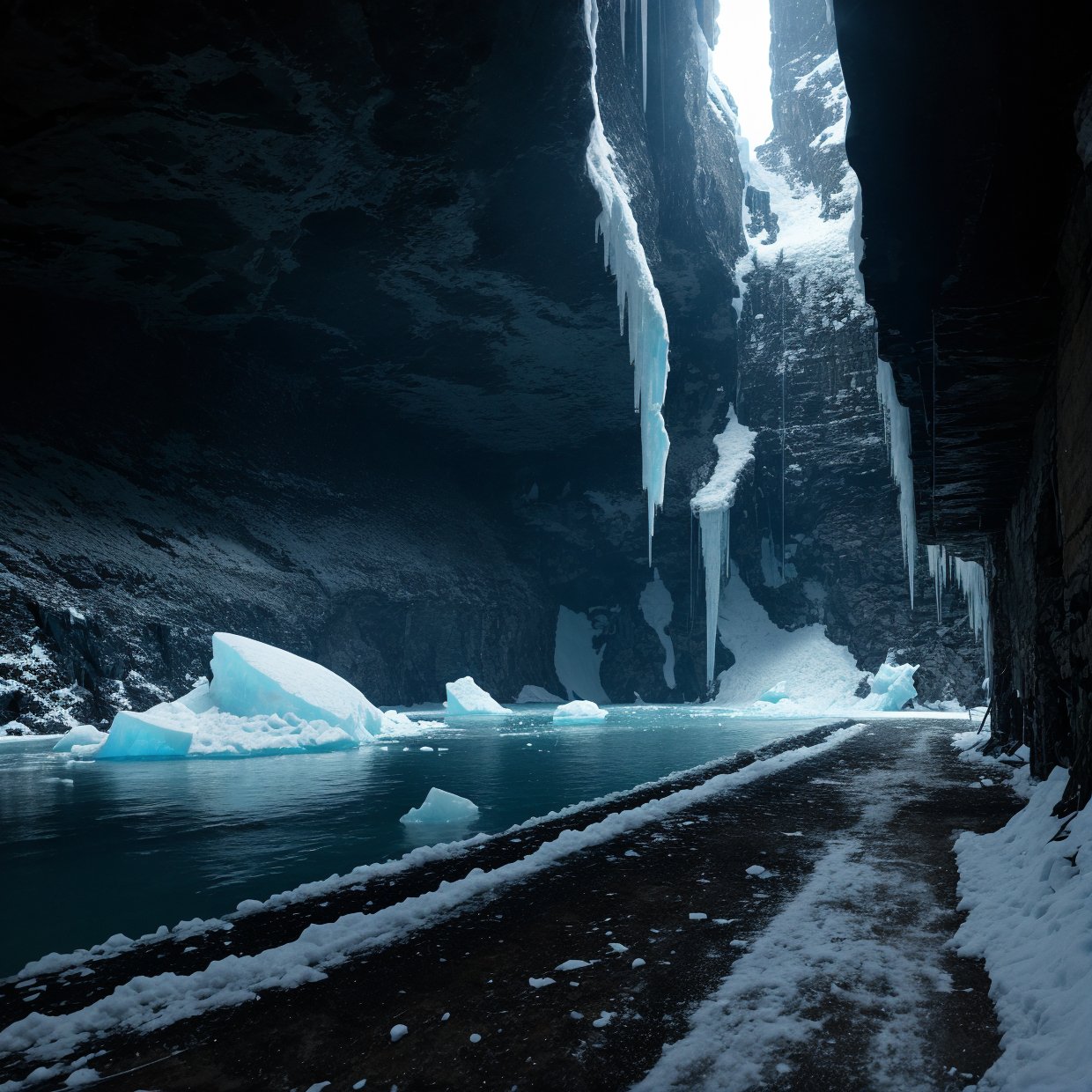 Cyberpunk, mechanical, broken, there is a picture of a very large iceberg, cyberpunk, mechanical, broken, with a lot of snow, dungeon background, icicle background, arena background, game background, dark dark cave background,