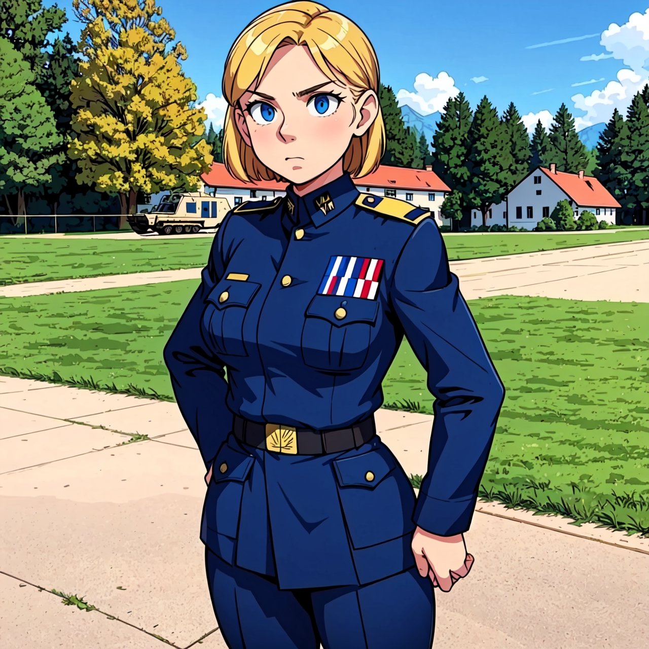 there is a girl in a uniform standing in front of a building, full uniform, set in ww2 germany, officers uniform, in black military uniform, in black uniform, inspired by Adolf Ulric Wertmüller, general uniform, uniform, fascist police, outfit: cop, full dress uniform, backdrop, wearing military uniform, military uniform, carl gustav, officer