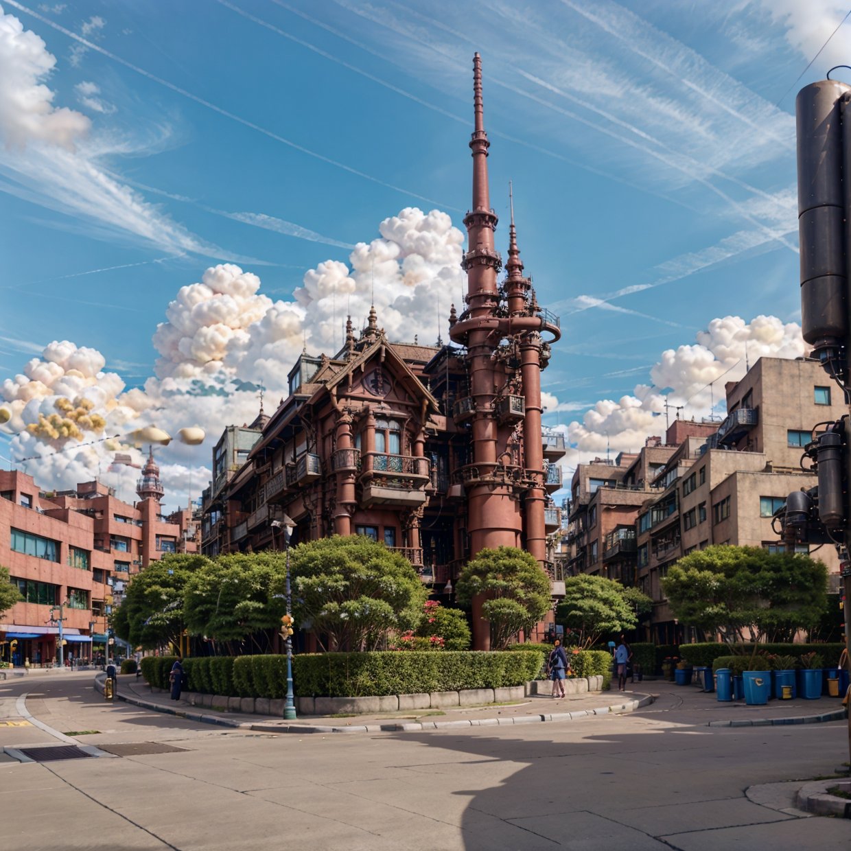 super detail, high details, high quality, 8k, Miyazaki style, a steampunk-style city floating in the sky, clouds and diverse architecture, exuding mystery and technology --v 6