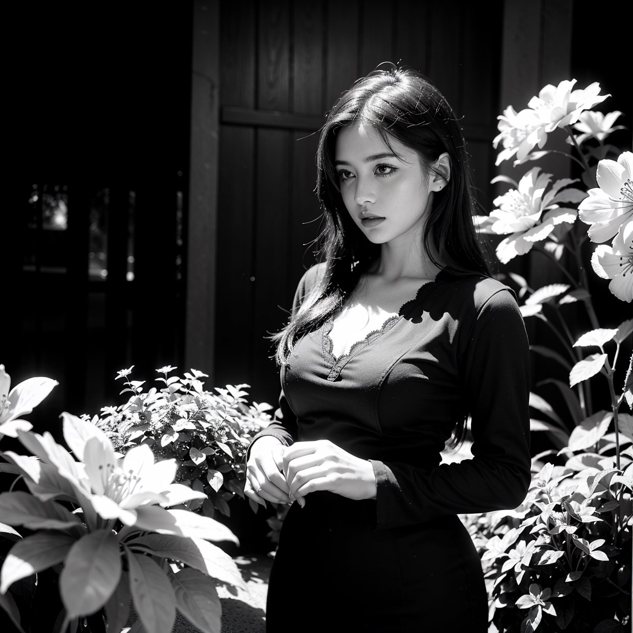 a girl in a black and white garden, pencil sketch, intricate details, high contrast, moody atmosphere, soft shadows, fine lines, textured surfaces, delicate flowers, vintage aesthetic, monochrome tones, classic film noir style, striking composition, dramatic lighting, cinematic mood, timeless elegance, black and white photography,1 girl 
