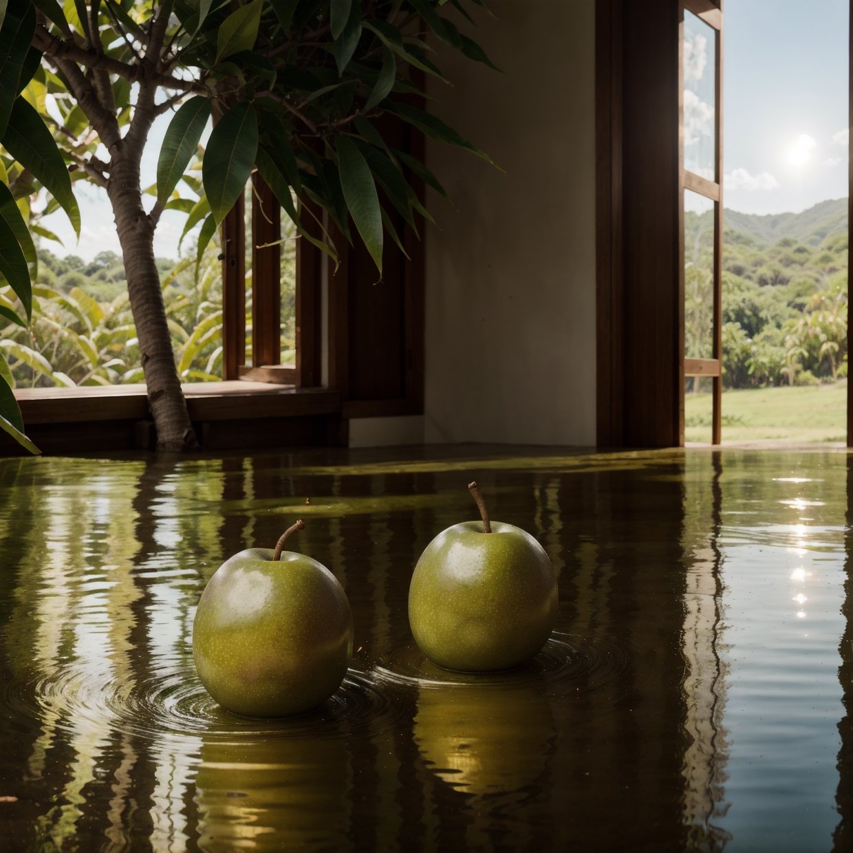 Wallpaper, Mango Season, Green Plum Tree, Rural, Rural, Warm Weather, Early Morning Sun, HD Detail, Wet Watermark, Hyperdetail, Cinematic, Surrealism, Soft Light, Deep Field Focus Bokeh, Ray Tracing, Diffusion (Ultrafine Glass Reflection) and Surrealism.