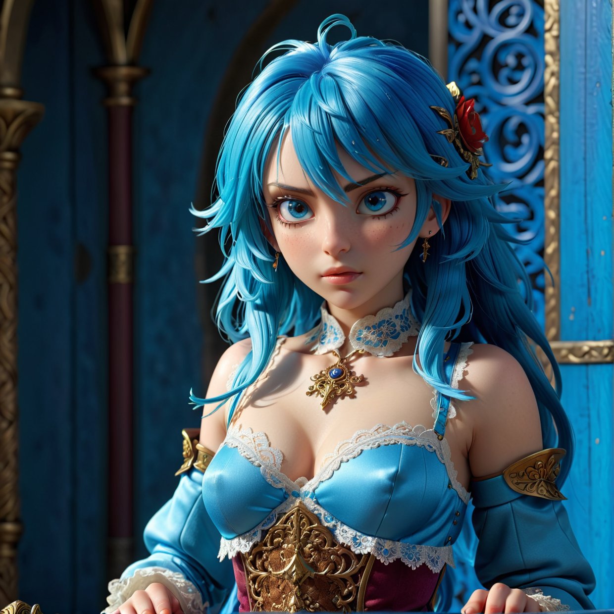 ultra detailed complex 3D rendering of a beautiful anime character, beautiful soft studio light, rim light, vibrant details,luxurious, lace, hyper-realistic, blue hair, showing intimate parts with ultra realism medieval world, holding a sword