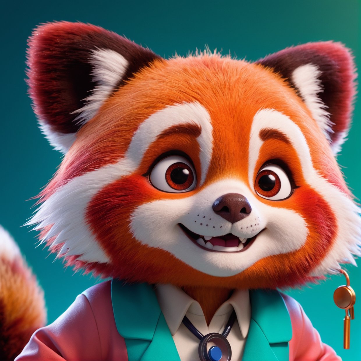 (Masterpiece, Best Quality, Very Detailed CG, Intricate Details: 1.2), 8k Wallpaper, Masterpiece, Best Quality, Award-Limited, High Quality, Super Detail, High Detail, Textured Skin, Cute, UHD, Anatomically Correct, Pixar Style, (A Cute Red Panda Wearing Doctor's Coat: 1.2), Doctor, Happy Sweet Smile. Fairy tale, bright colors, natural light, facial focus, simple background