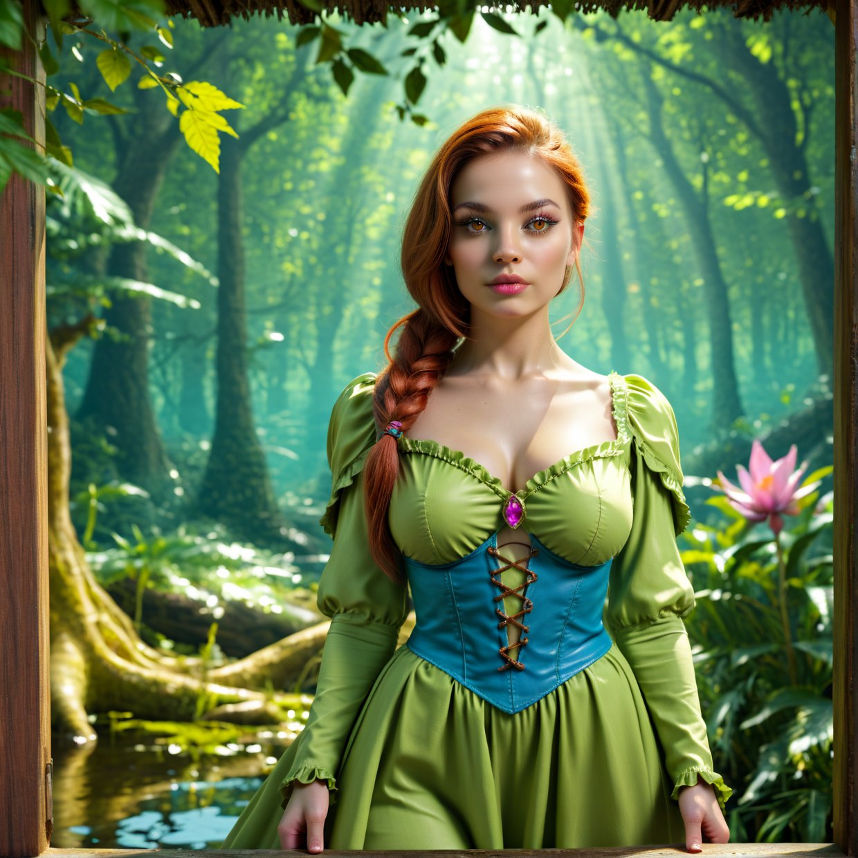 A fantasy landscape, detailed forest with lush foliage, epic castle in the distance, beautiful detailed eyes, beautiful detailed lips, extremely detailed face and features, long eyelashes, medieval fantasy outfit, sword and shield, dramatic lighting, cinematic composition, vibrant colors, digital art, concept art style, (best quality,4k,8k,highres,masterpiece:1.2),ultra-detailed,(realistic,photorealistic,photo-realistic:1.37)