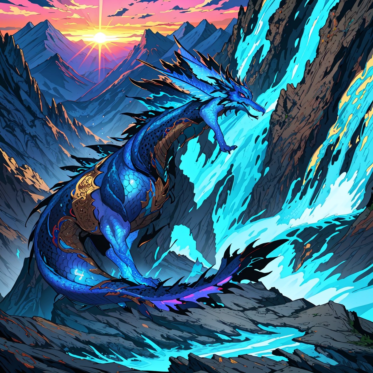 a detailed illustration of a blue dragon, with intricate scales and mesmerizing eyes, soaring through a fantasy landscape with majestic mountains and cascading waterfalls, surrounded by wisps of ethereal clouds and a vibrant sunset sky. (best quality,4k,8k,highres,masterpiece:1.2),ultra-detailed,realistic,photorealistic:1.37, with vibrant colors and dramatic lighting.