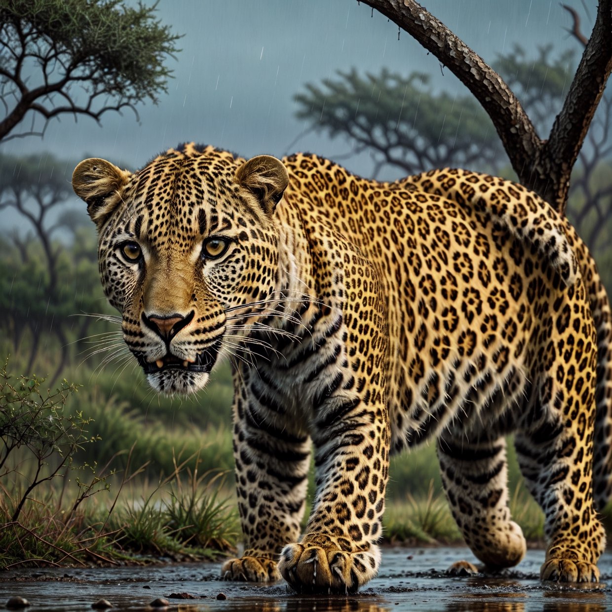 a leopard in a rainy savanna at dusk, realistic, 4k, extremely detailed, highly detailed animal, realistic fur, realistic lighting, dramatic lighting, moody atmosphere, muted colors, beautiful cinematic composition, photorealistic, award winning photograph