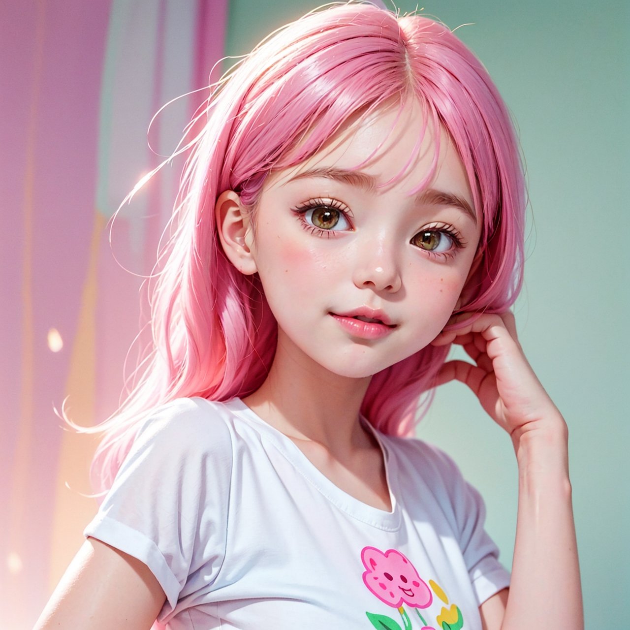 a cute little girl, pink lips, wearing a bright white shirt, in the style of the soft aurorapunk color palette, an anime illustration of her face, animated gifs, hand-drawn animation, charming sketches, soft and bright, hazy romanticism, superplane style, white air background