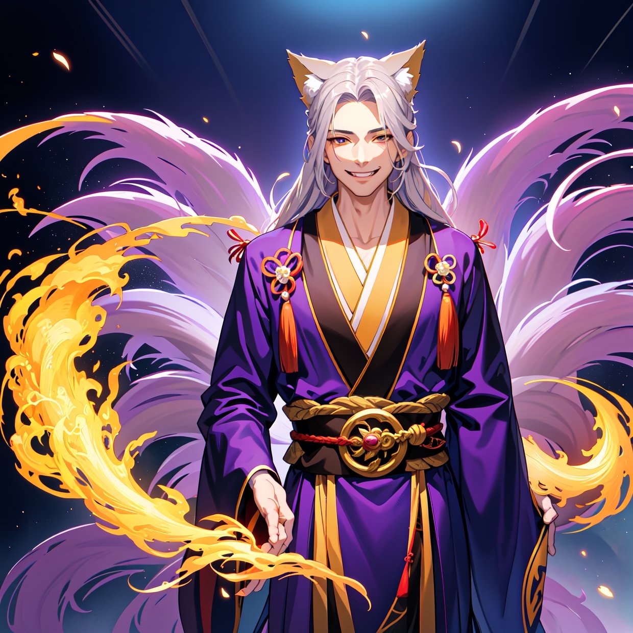 There is one young handsome thin man, a male nine-tailed silver fox from Japanese mythology with long hair, in clothes, his nine tails spread like a fan behind his back, he laughs, he smiles thoughtfully, (masterpiece), full-length, facing the viewer, surrealism, fantastic lighting, fireflies, sequins, the overall tone is silvery-purple