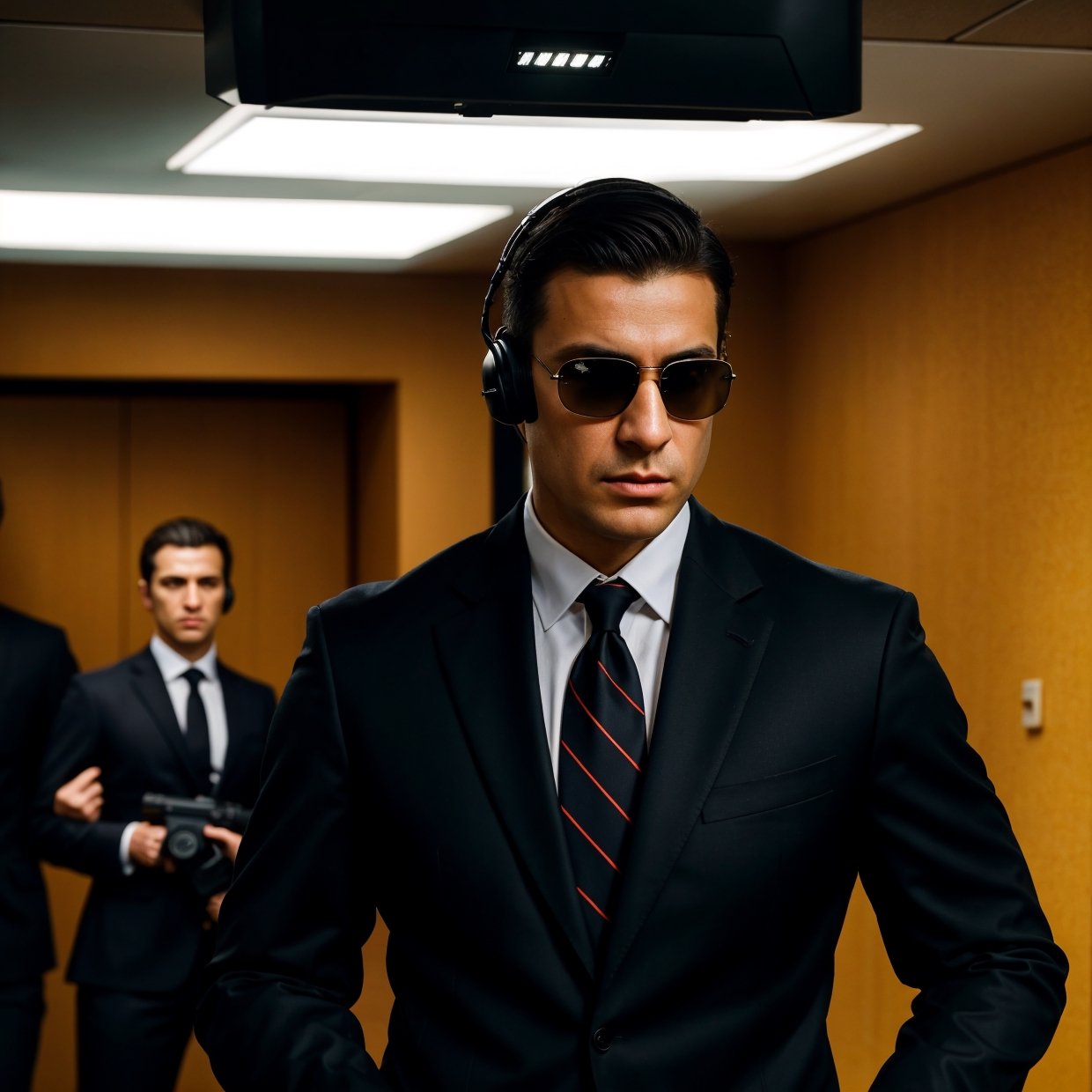 a secret agent in a high-tech spy headquarters, wearing a sleek black suit, holding a silenced pistol, with intense focused eyes and a calm demeanor, surrounded by advanced surveillance equipment and computer screens, surrounded by a team of highly trained fellow agents, communicating through earpieces, with a mission to infiltrate a top-secret facility, with a gritty and realistic artistic style, featuring vibrant and bold colors, illuminated by dramatic and dynamic lighting, capturing the suspense and excitement of espionage (best quality, ultra-detailed, realistic:1.37), high-tech materials, detailed textures, sharp focus, professional artwork, intense shadows, contrasted highlights, cool color tones.