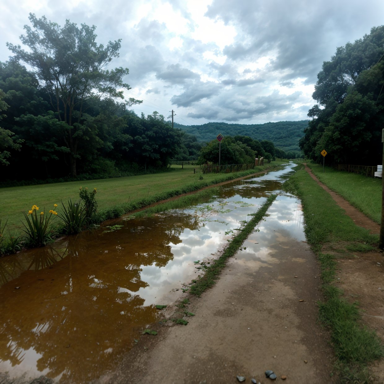 Concept art, no humans, water puddles, country side, rain, cloudy,