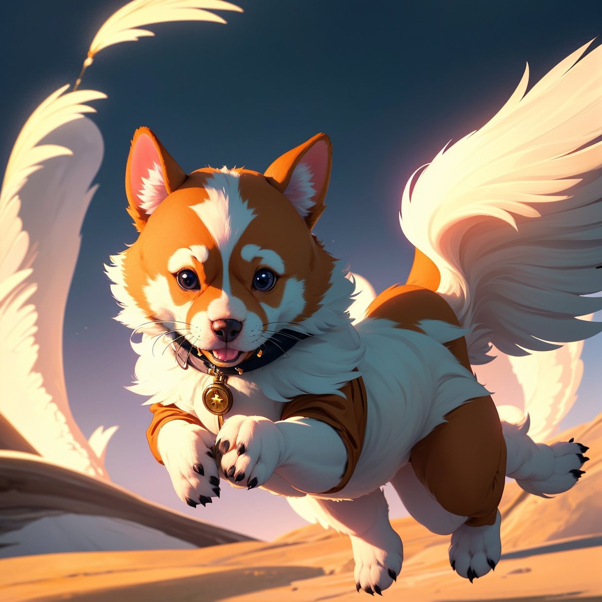 (a cute flying puppy,1 puppy,puppy flying through the sky,extremely detailed,high quality,photorealistic,beautiful fur,adorable face,big eyes,button nose,small paws,fluffy tail,glowing,ethereal,magical,dreamlike,vibrant colors,soft lighting,depth of field,cinematic)