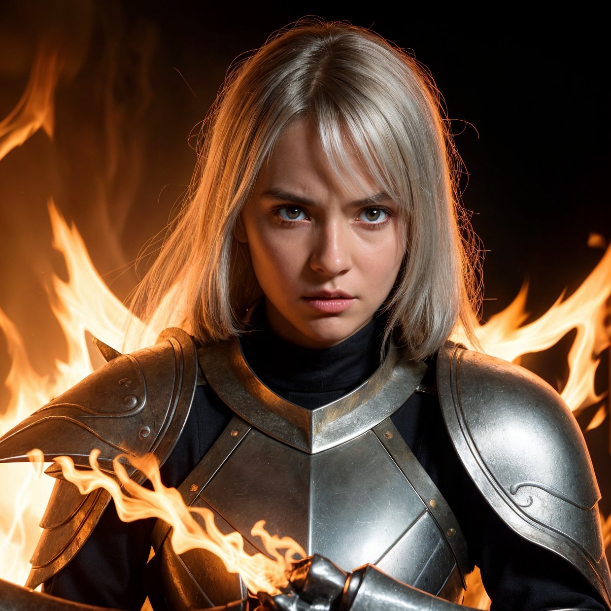 ((super fine illustration, 8k, Masterpiece , Sharp focus , depth of field)), Beautiful swordswoman, absurdity, Highly detailed face and skin texture, silver hair, jet-black armor, flame armor, cloak wrapped in flames, sword wrapped in flames, flame wings, determination to overcome sorrow, A sign of determination in your gentle eyes , strong soul