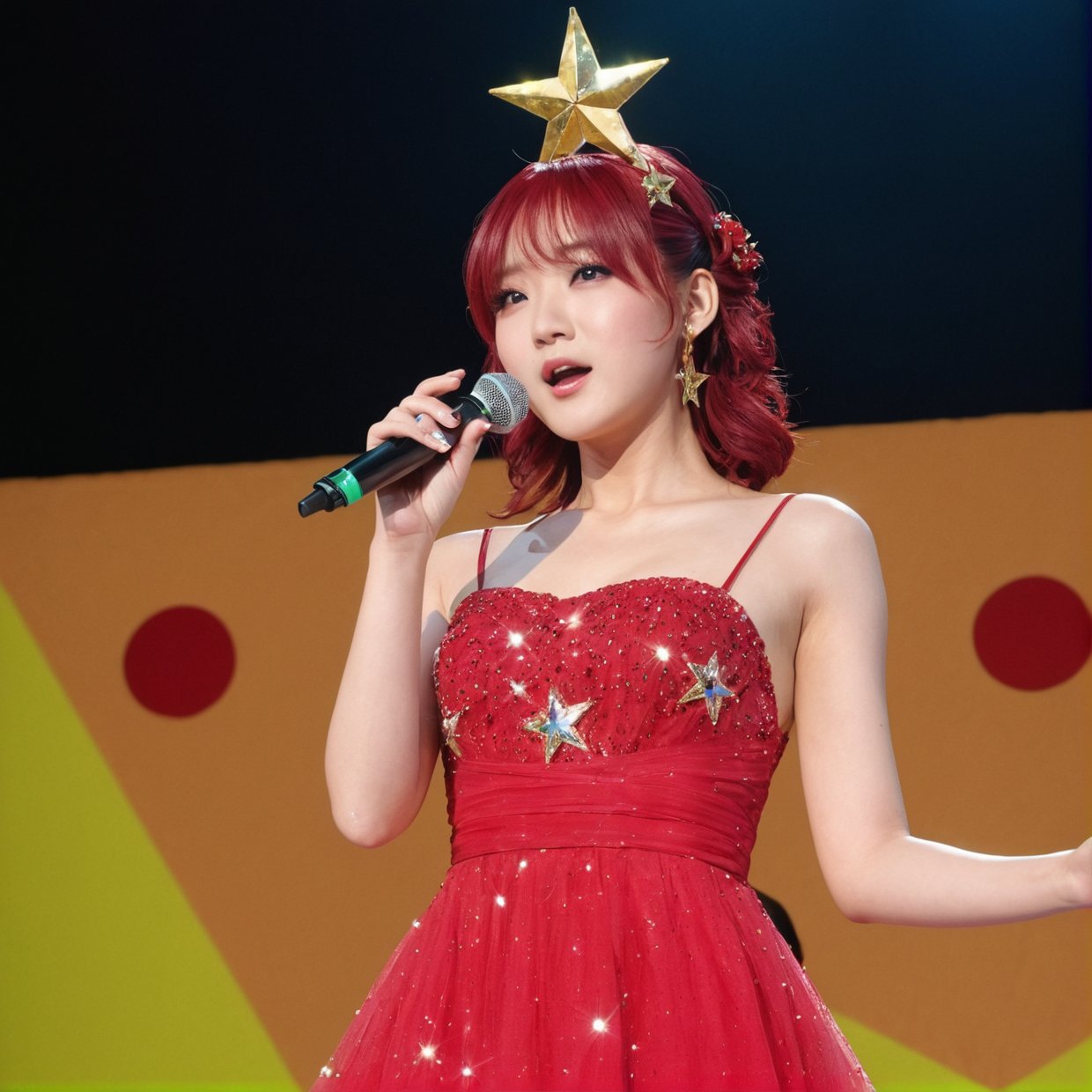 1girl, solo, best quality, masterpiece , Ruby Hoshino, hair ornament, sparking eyes, star on eye, (star on right eye:1), (dress:1.4), (concert1), on the stage,