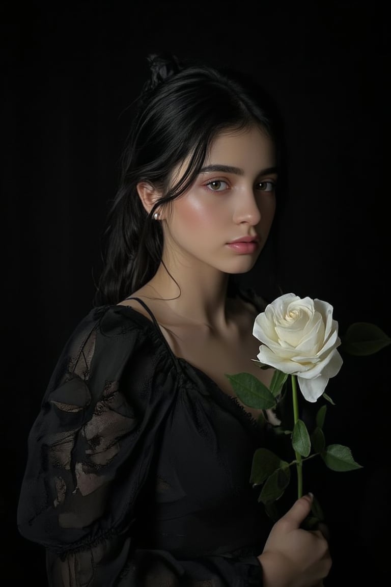 ((masterpiece, best quality)),best aesthetic,1girl, solo, long hair, black dress, flower, ribbon, black background, black hair, rose, hair ribbon, green eyes, long sleeves, white rose, closed mouth, black ribbon, upper body, cinematic lighting