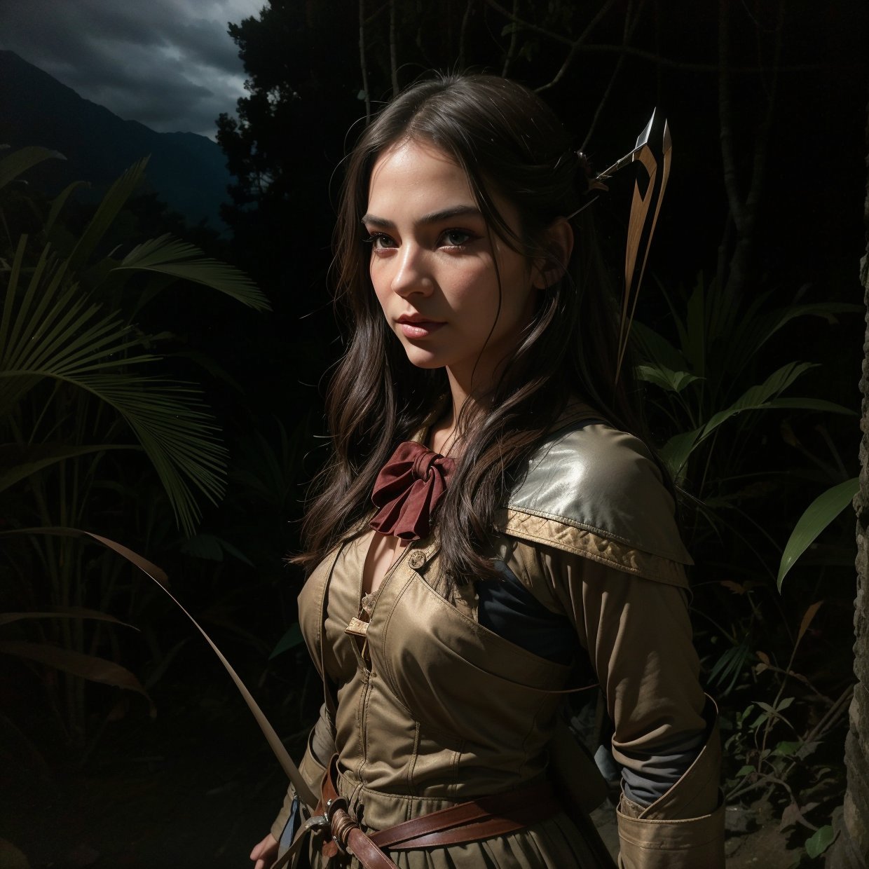 a highly detailed fantasy archer, 1girl, intricate detailed face, beautiful eyes, detailed lips, long eyelashes, elegant hairstyle, warrior outfit, holding bow and arrow, dramatic lighting, cinematic composition, epic fantasy landscape, moody atmosphere, rich color palette, digital painting style, hyper realistic, 8k, best quality, masterpiece

