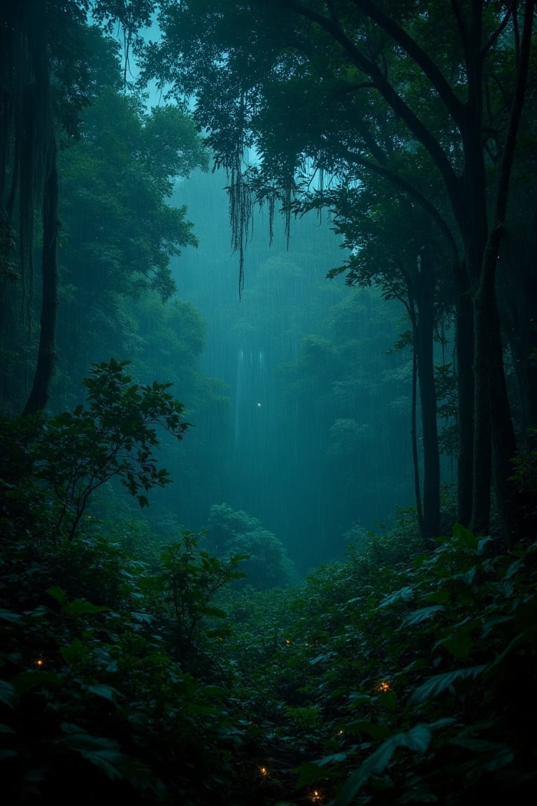 (best quality,realistic:1.37)thick dense forest,glowing fireflies,rainy night,moist air,foggy atmosphere,dripping leaves,dewy grass,majestic trees,mysterious shadows,serene ambiance,gentle raindrops,peaceful solitude,whispering breeze,nature's symphony,Latin American rainforest,enchanted evening,hint of moonlight,sparkling bioluminescence,lush vegetation,hidden treasures,nighttime wonderland,surreal beauty,mysterious flickering lights,emerald hues,calming sounds of nature,silhouette of wildlife,magical dance of lights,ethereal glow,flickering fireflies,hypnotic scene,enchanted forest,watercolor painting effect,subtle color gradients,soft lighting,sublime landscape.