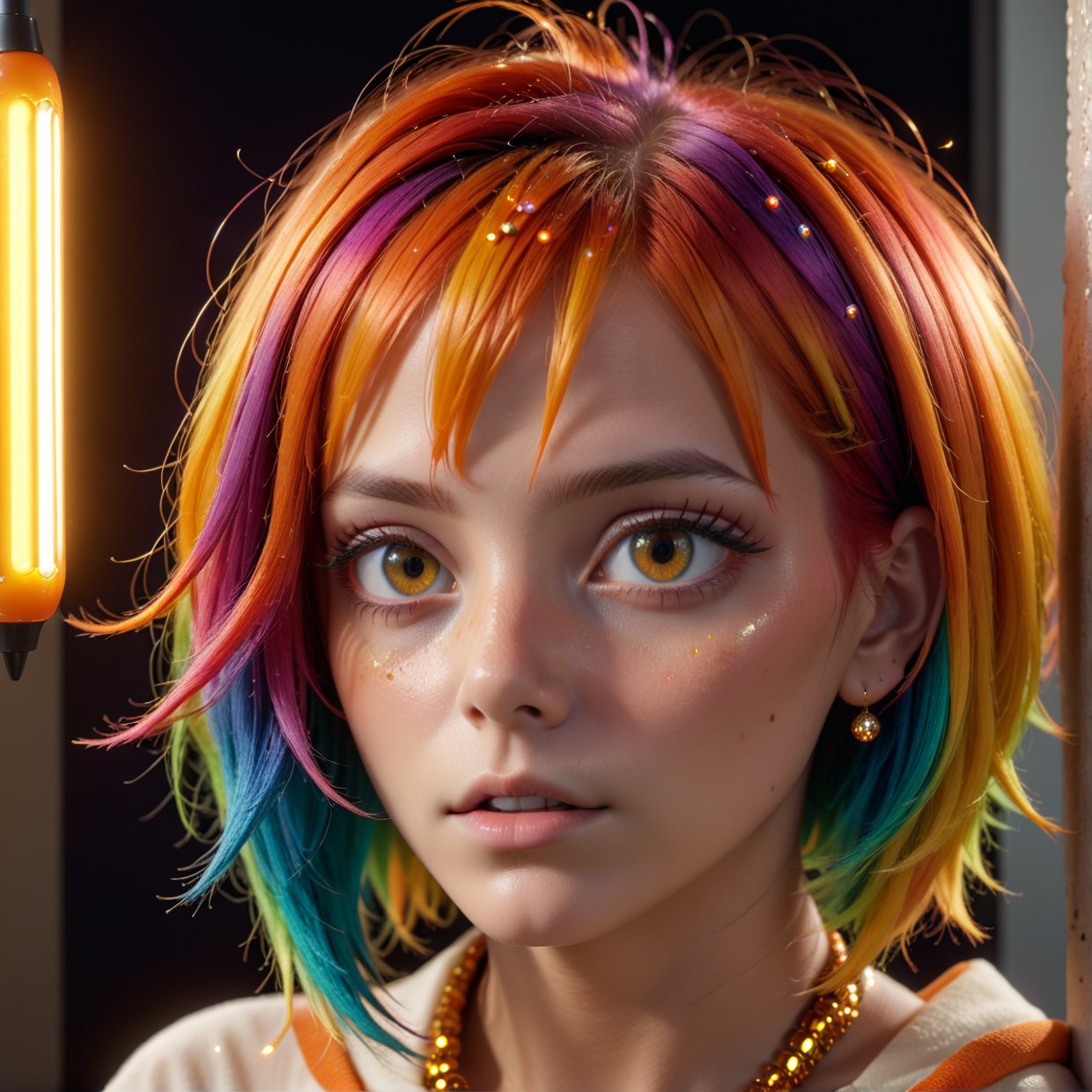 comboy shot,multicolored hair, gradient hair, carrot hair ornament, mole under eye, amber eyes, high detail, Verism, Hyperrealism, Contemporary art, cinematic lighting, sparkle, wide shot, f/1.2, best quality, award winning, 8k, super detail, UHD, 