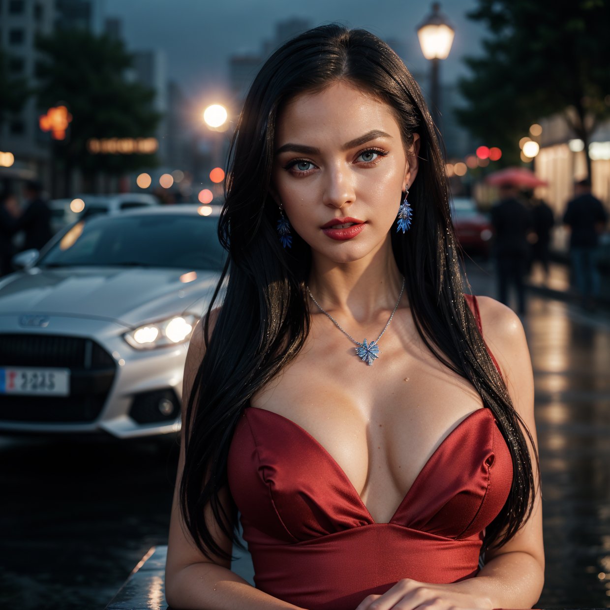st. louis (luxurious wheels) (azur lane), hair ornament, portrait, silver dress, revealing clothes, necklace, blue nails, cityscape, night, rain, wet, ,(masterpiece:1.4),(best quality:1.4),realistic,fashi-girl,makeup,red lips,looking at viewer, solo,earrings,8k,best quality, masterpiece, purple eyes,beautiful light,background is a supercar,Masterpiece