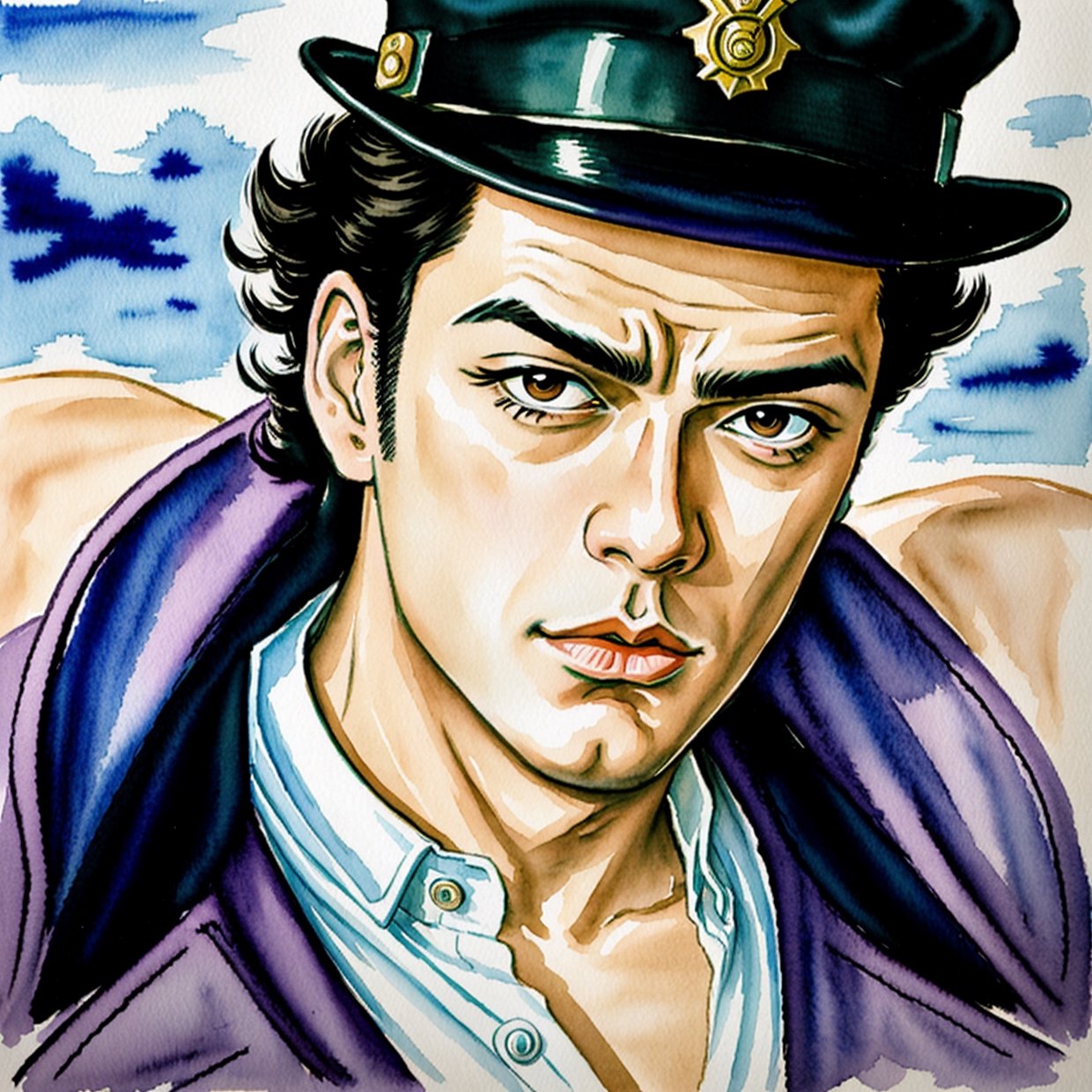 (jotaro kujo) in the style of hirohiko araki,zoomed in on face, focused on face, blue highlights,looking at viewer, watercolor, manga, aristocratic youth, jojo's bizzare adventure