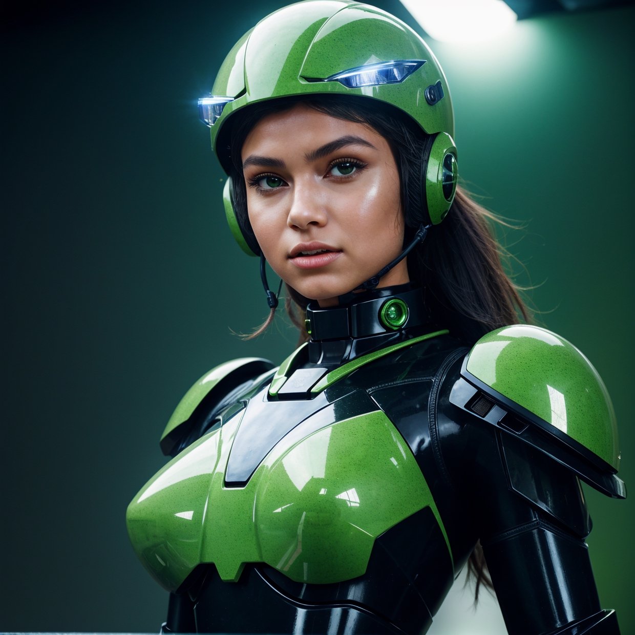 Highest image quality, outstanding details, ultra-high resolution, (realism: 1.4), the best illustration, favor details, highly condensed 1girl, with a delicate and beautiful face, dressed in a black and green mecha, wearing a mecha helmet, holding a directional controller, riding on a motorcycle, the background is a high-tech lighting scene of the future city.