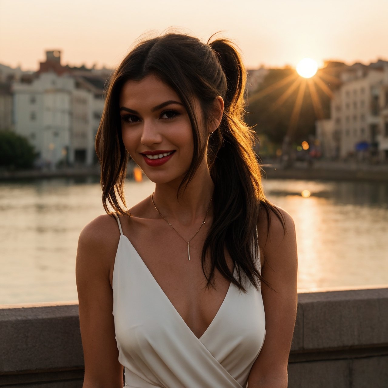 masterpiece, best quality, 1girl, , solo, , fashi-girl, , mature girl, , , cute, sweet, , long brown hair, , ponytail hair, , , brown eyes, , closed mouth, , red lips, , , face brushed by the wind, , , white dress, , medium breasts, (sunset background), Masterpiece, girl smile,Masterpiece,gilr,woman,realistic