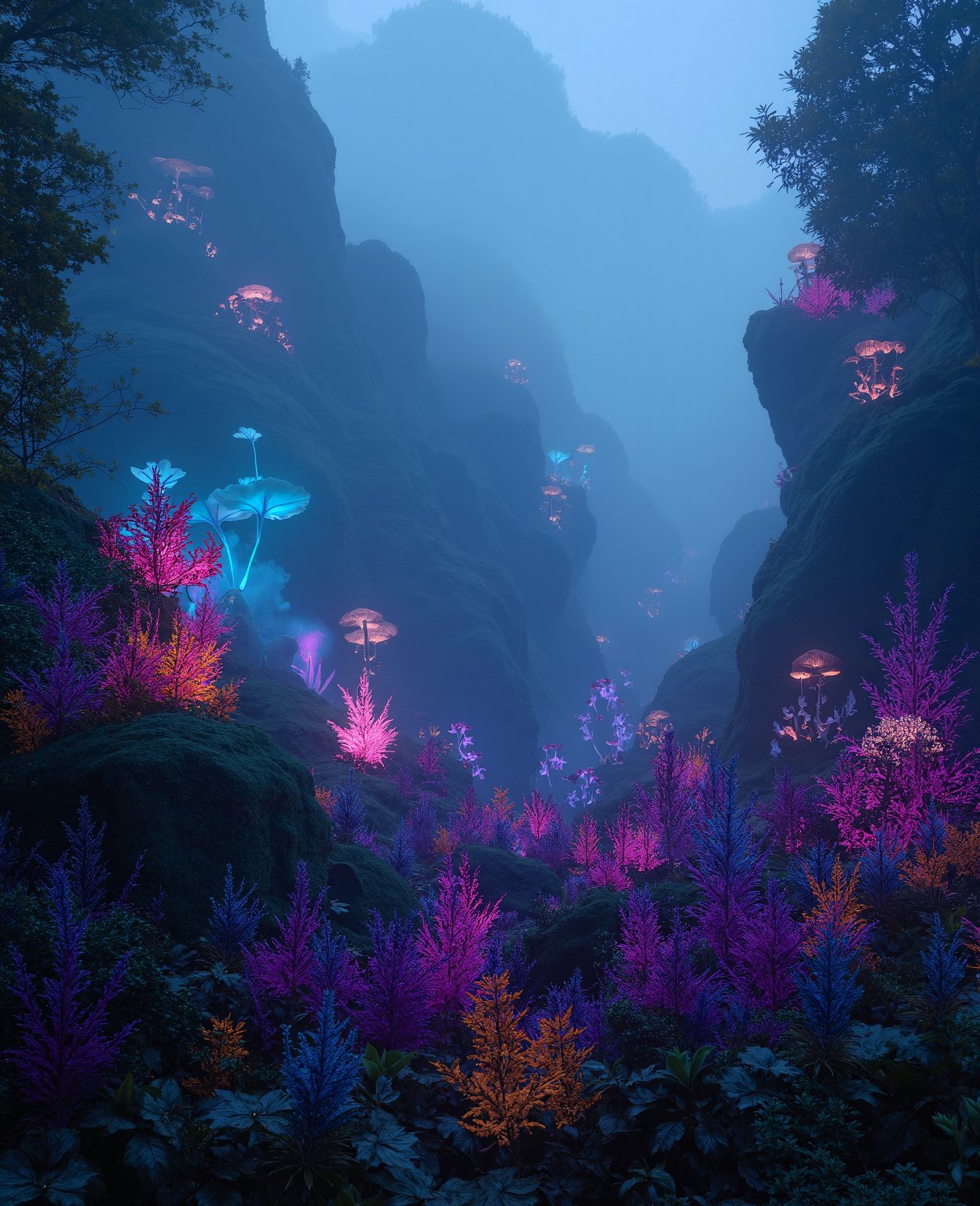 a surreal fantasy landscape, lush rolling hills, vibrant colorful flowers, mystical glowing mushrooms, ethereal mist, dreamlike atmosphere, (best quality,4k,8k,highres,masterpiece:1.2),ultra-detailed,(realistic,photorealistic,photo-realistic:1.37),concept art, cinematic lighting, dramatic shadows, vivid colors, surreal, fantastical