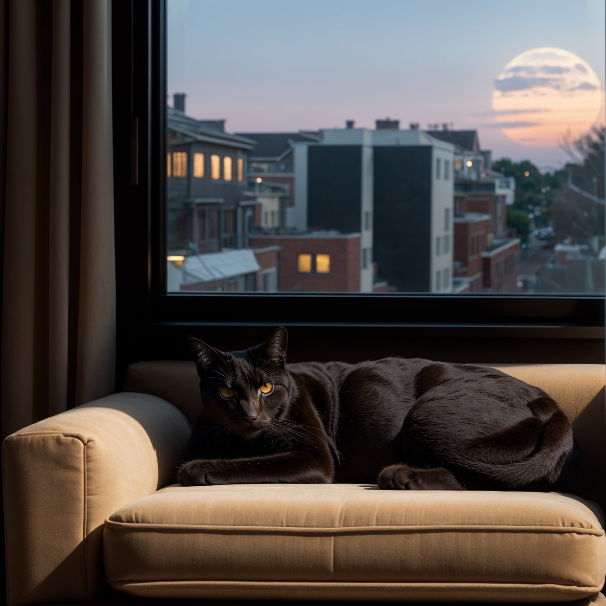 A sleepy cat on a dark sofa at night, (best quality,4k,8k,highres,masterpiece:1.2), ultra-detailed, (realistic,photorealistic,photo-realistic:1.37), soft fur, amber eyes, moonlight streaming through the window, cozy atmosphere, calm and peaceful mood, velvet cushions, faint shadows, tranquility, minimalistic aesthetic, warm color tones, gentle lighting