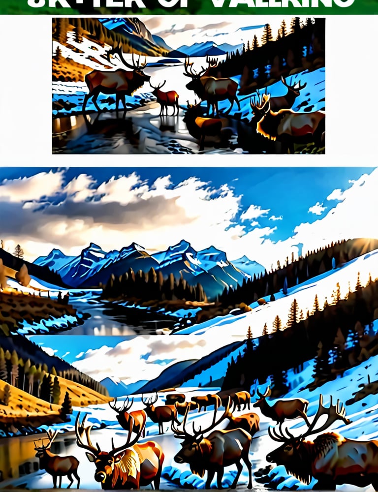 ((masterpiece)), best quality, (8k, best quality, masterpiece: 1.2), ultra-detailed, a herd of elk walking along a river in a mountain valley.