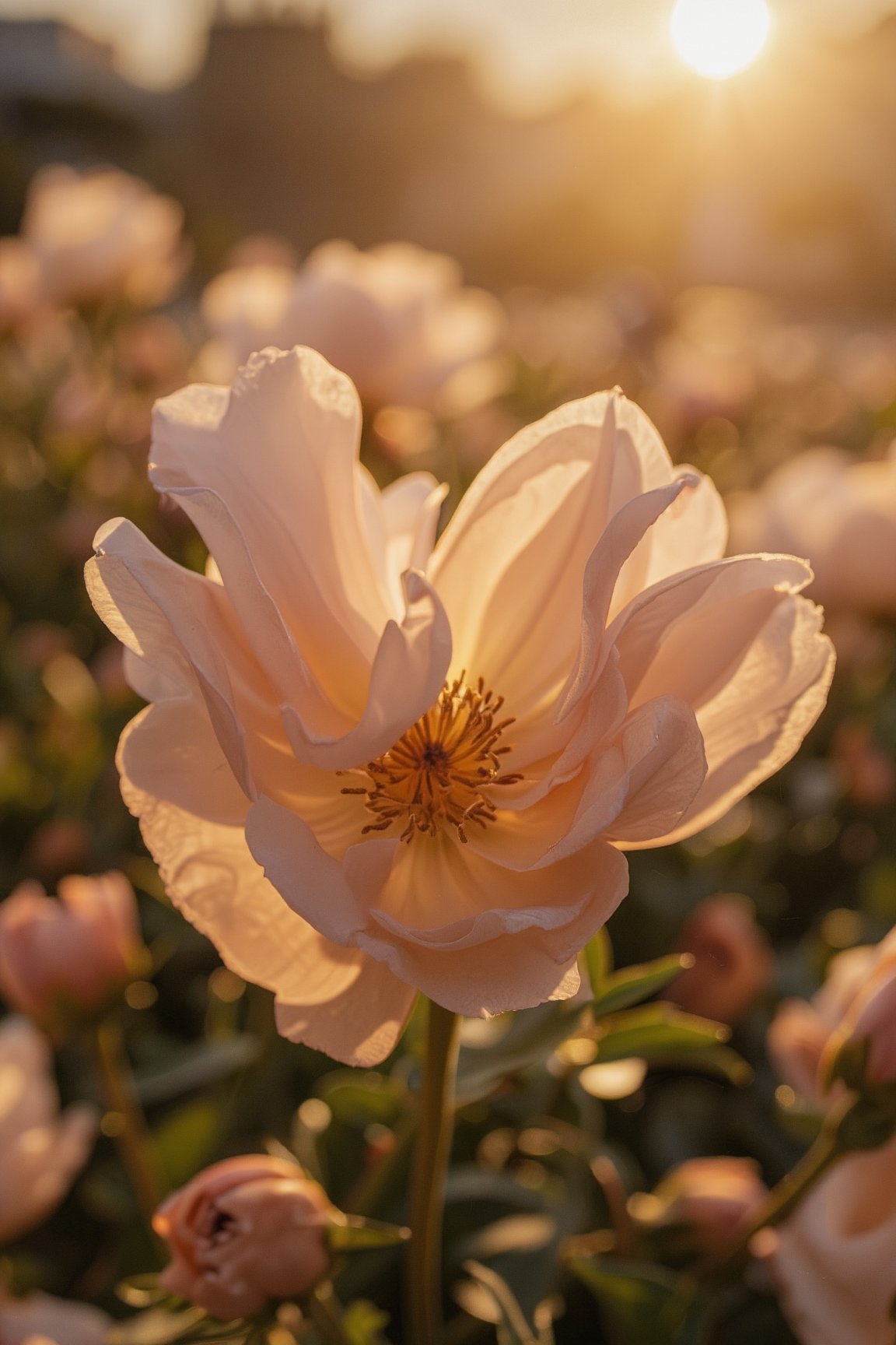 A delicate petal unfurls, a velvety softness to its edges, set against a warm, sun-kissed background. A gentle breeze whispers through the petals, as if beckoning the viewer closer. The flower's center glows with a subtle light, drawing the eye like a tiny sun. Softly focused, the surrounding environment dissolves into a blurred haze, emphasizing the beauty of this singular bloom.