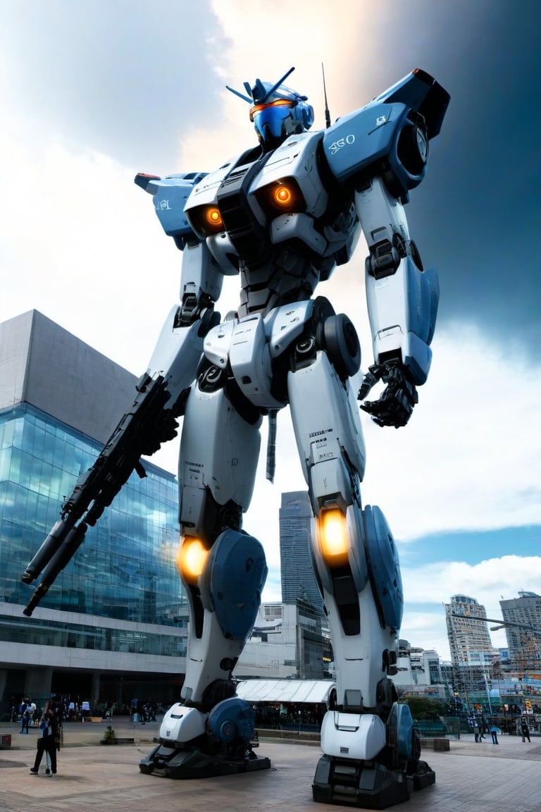 Sky, Clouds, holding_weapon, no_humans, Glow, Robot, Architecture, glowing_eyes, Mecha, Science Fiction, City, Reality, Mecha, Full Body