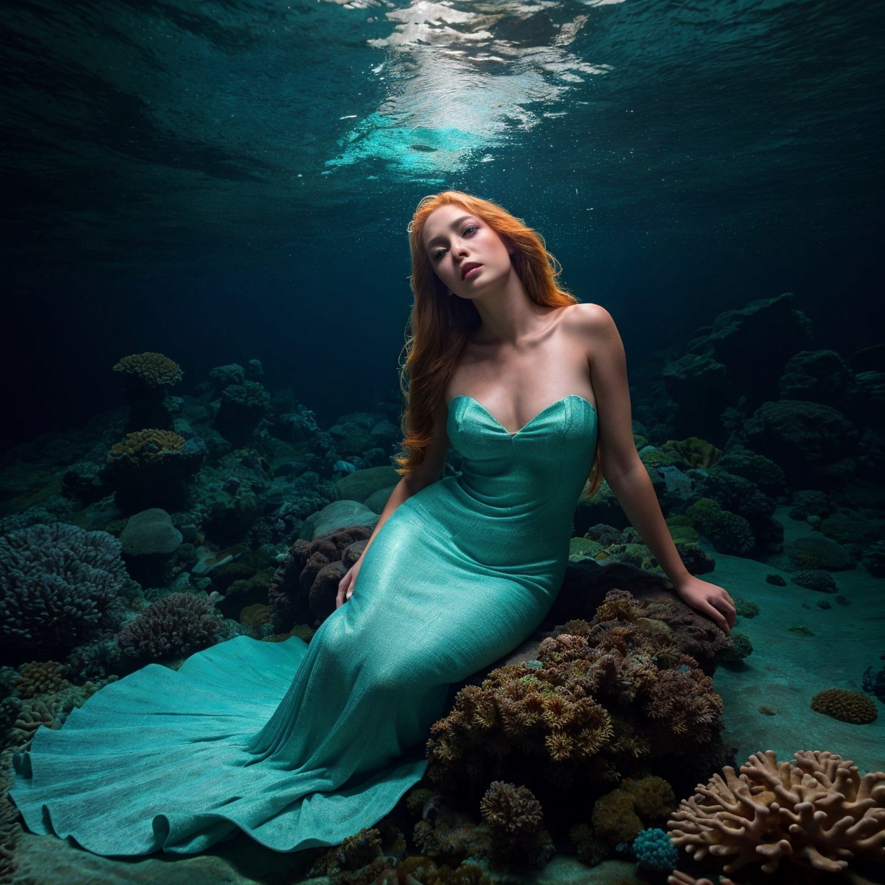 a beautiful mermaid princess, long flowing hair, detailed face and eyes, elegant flowing dress, underwater scene, coral reef, sea creatures, glowing bioluminescent algae, warm color palette, cinematic lighting, (best quality,4k,8k,highres,masterpiece:1.2),ultra-detailed,(realistic,photorealistic,photo-realistic:1.37)