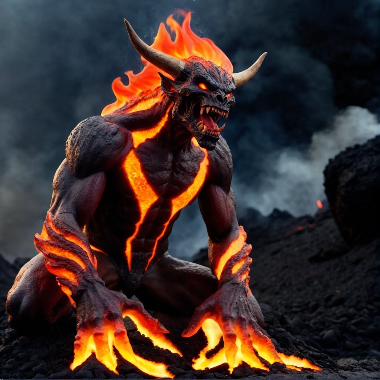 (best quality,4k,8k,highres,masterpiece:1.2),ultra-detailed,(realistic,photorealistic,photo-realistic:1.37),Lava Demon,volcanic rock texture,fiery red and orange colors,menacing gaze,sharp fangs,lava-like flowing hair,smoke and fire billowing around,burning hot atmosphere,powerful muscular body,sinister smile,demonic horns,cracked volcanic ground,glowing lava cracks,ominous dark sky,threatening stance,glowing eyes and molten tears,dramatic lighting,sharp shadows,smoldering lava background,fiery aura,wisps of smoke,unearthly glow,menacing presence,evil sorcerer-like appearance,demonic wings,hidden in the shadows,ominous and intense energy,ominous symbols glowing on the skin,demonic energy emanating,ominous aura,dark and fiery silhouette,dynamic and intense pose,ominous and powerful creature,high contrast,fiery and vibrant colors,dangerous and awe-inspiring