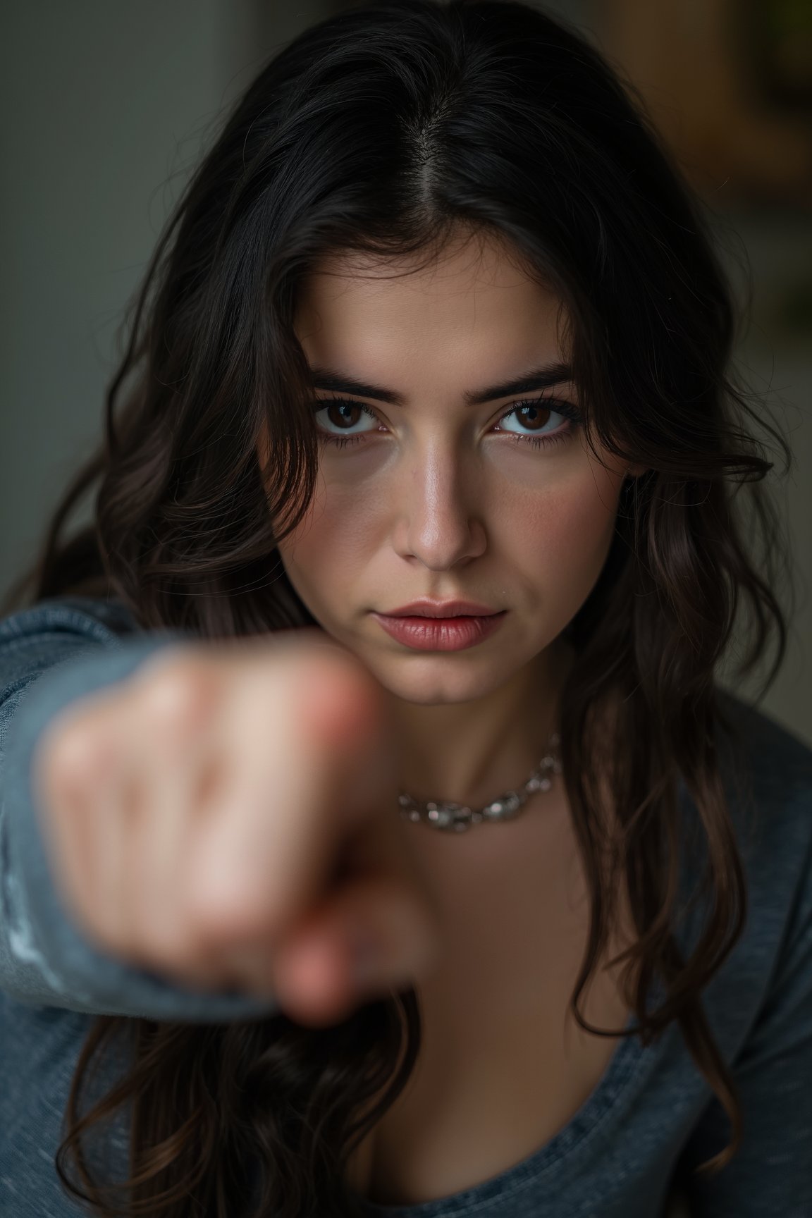 A woman's face is centered in the frame, her left eye slightly ajar while her right eye remains fixed on some unseen point. Her outstretched hand, palm facing forward, points accusingly as if indicating something just off-camera. The background is soft focus, allowing the viewer's attention to remain focused on the subject's intense gaze and dramatic pose.