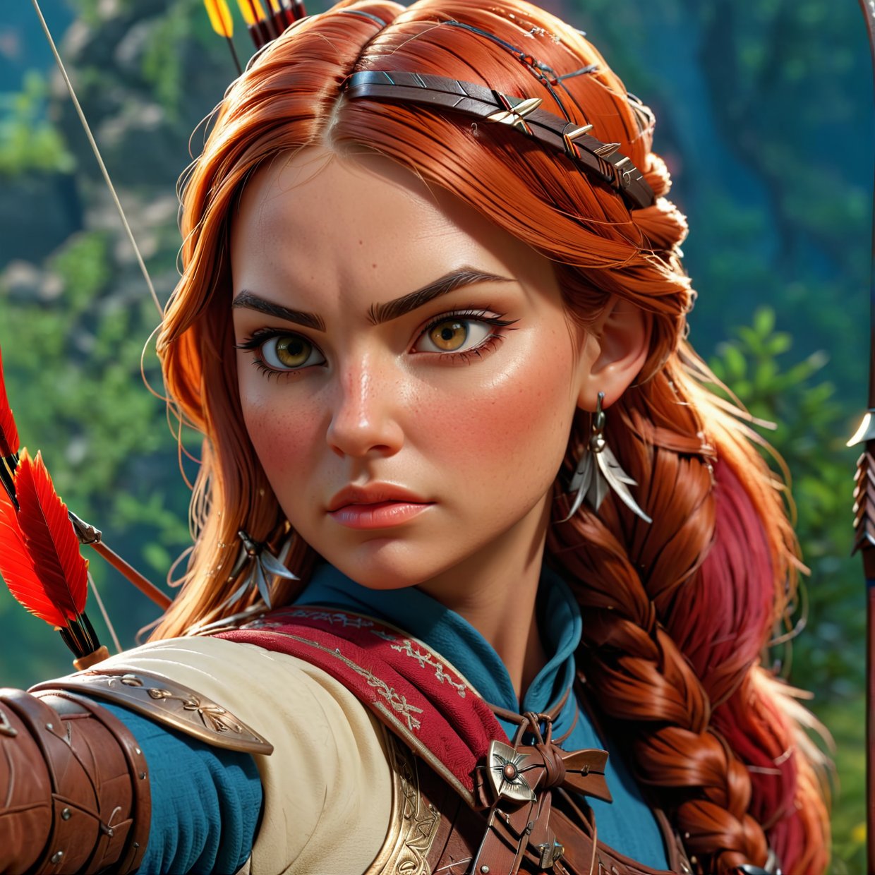  a beautiful archer woman, long detailed hair, detailed facial features, elegant bow and arrow, detailed clothing, medieval fantasy, cinematic lighting, dramatic atmosphere, vibrant colors, detailed background, intricate details, photorealistic, highres, 8k, best quality, masterpiece